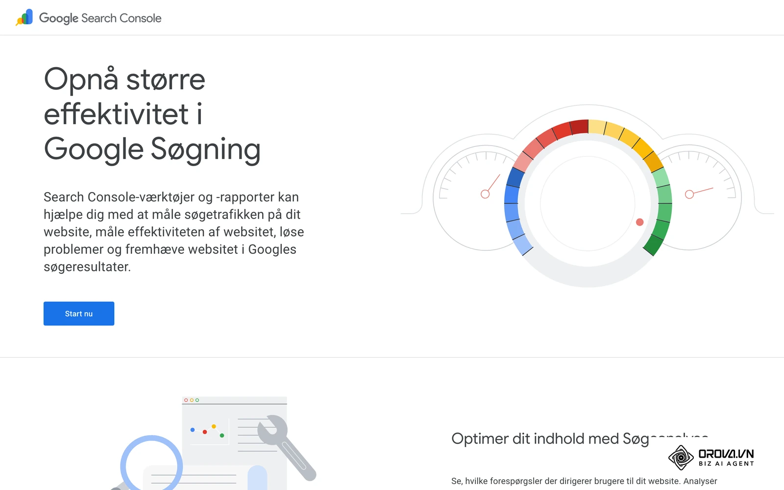 Googles officielle præsentationsside for Search Console på dansk, hvor du logger ind og tilføjer dit website.