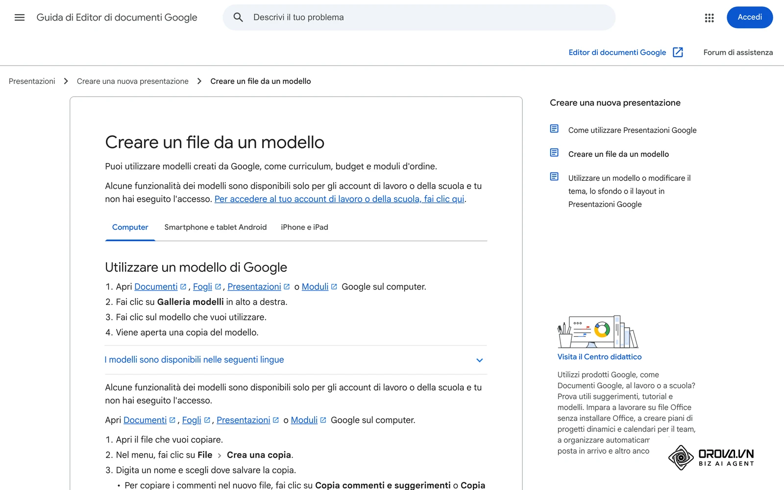 Guida ufficiale di Google «Creare un file da un modello»: il punto di partenza per impostare il foglio del piano editoriale in Fogli Google.