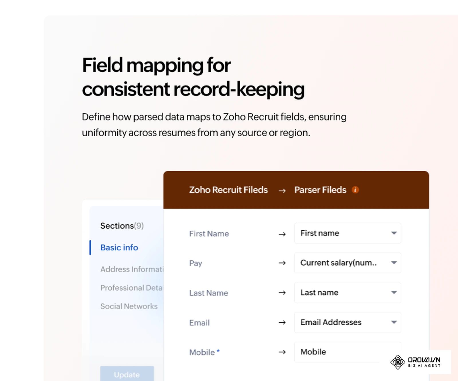 ការផ្គូផ្គងវាលទិន្នន័យ (Field mapping) ក្នុង Resume Parser របស់ Zoho Recruit៖ ឈ្មោះ ប្រាក់ខែ អ៊ីមែល និងលេខទូរស័ព្ទដែលស្រង់ពី CV ត្រូវបញ្ចូលទៅវាលនីមួយៗក្នុង ATS