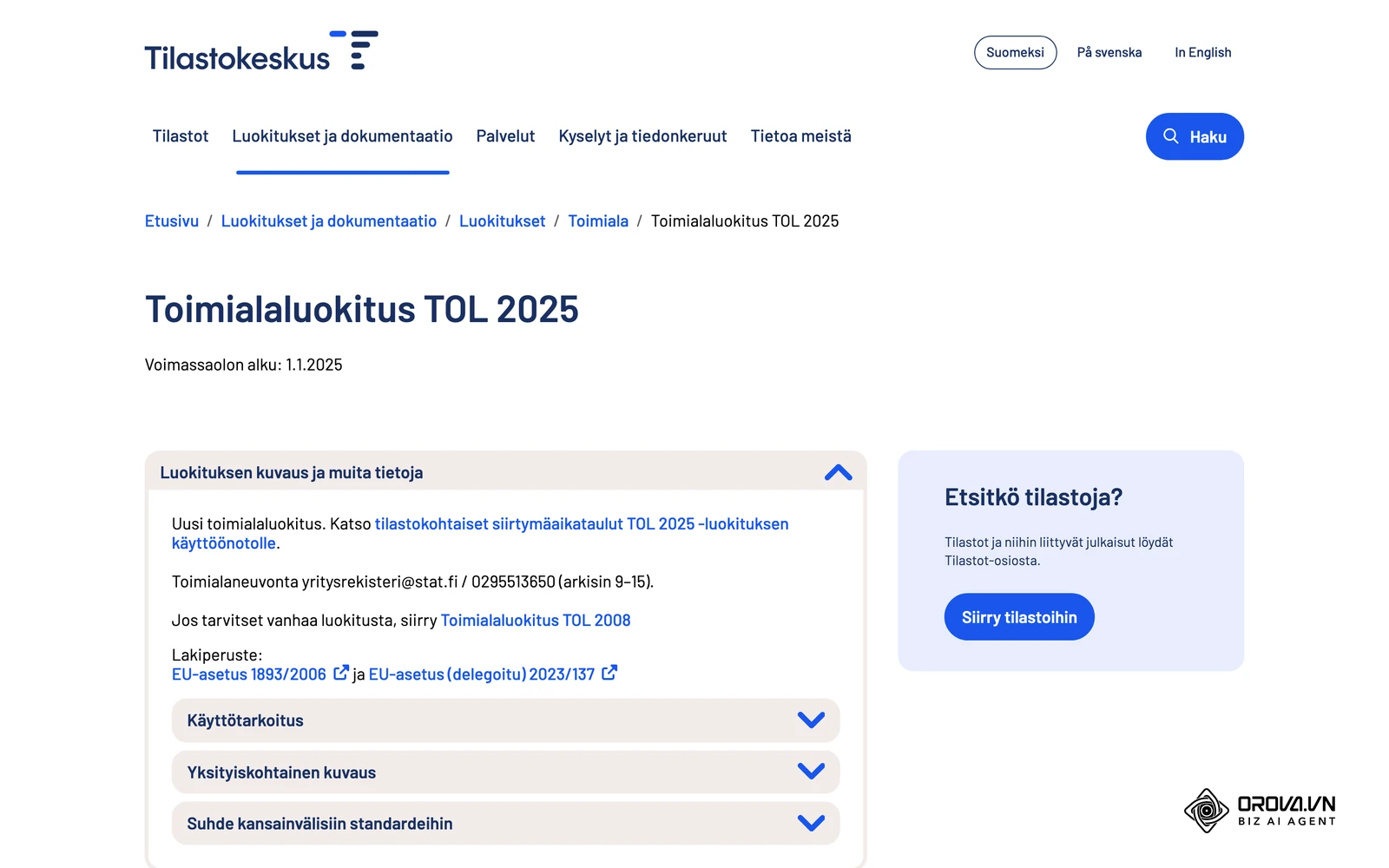 Tilastokeskuksen toimialaluokitus (TOL), jonka koodeilla kohdetoimialat rajataan ICP-kriteereissä.