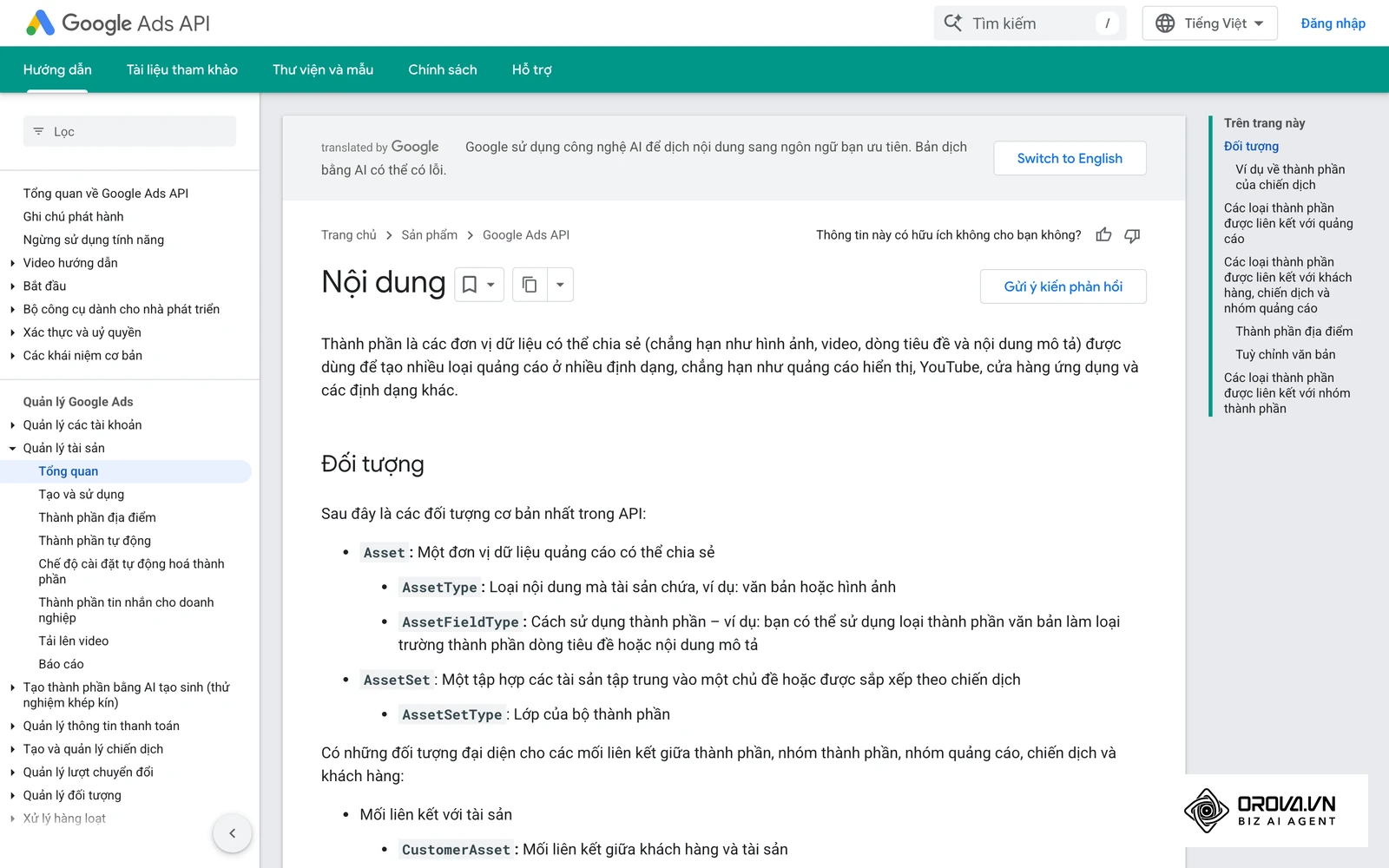 Tài liệu chính thức của Google về thành phần (asset) trong quảng cáo.