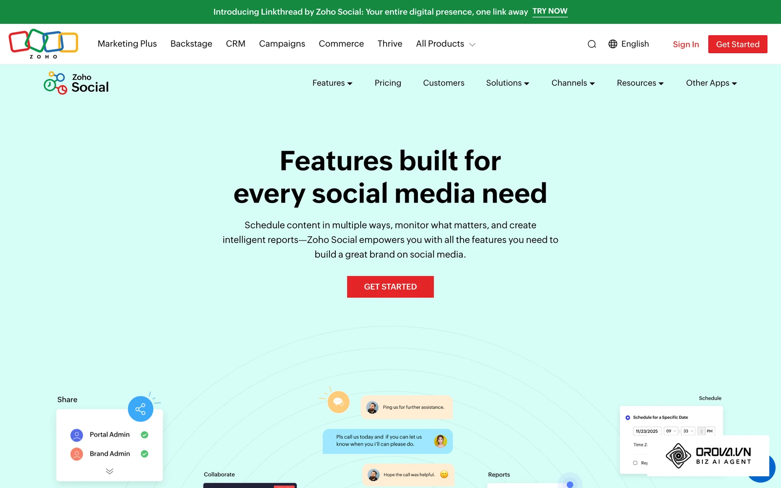 Página oficial de funciones de Zoho Social: programación, colaboración en equipo e informes para varias redes sociales desde un mismo panel.