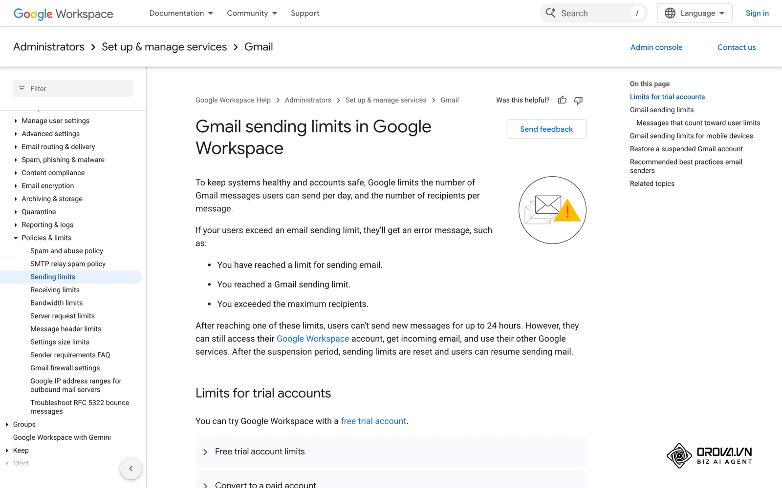 Pahinang Gmail sending limits in Google Workspace na naglilista ng opisyal na limitasyon sa pagpapadala bawat user bawat araw.