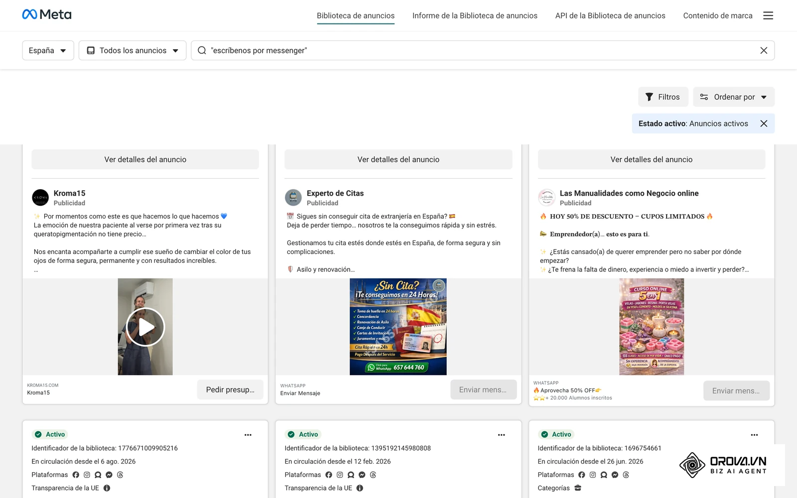 Biblioteca de anuncios de Meta: anuncios activos en España con los botones Enviar mensaje y Pedir presupuesto, que abren una conversación en lugar de una web.