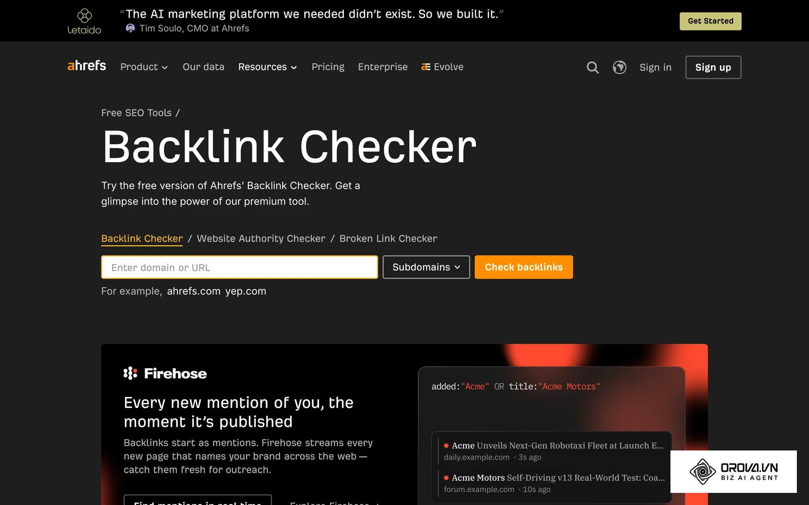 Công cụ kiểm tra backlink của Ahrefs. Điểm DR trong đây do Ahrefs tự tính, không phải chỉ số của Google.