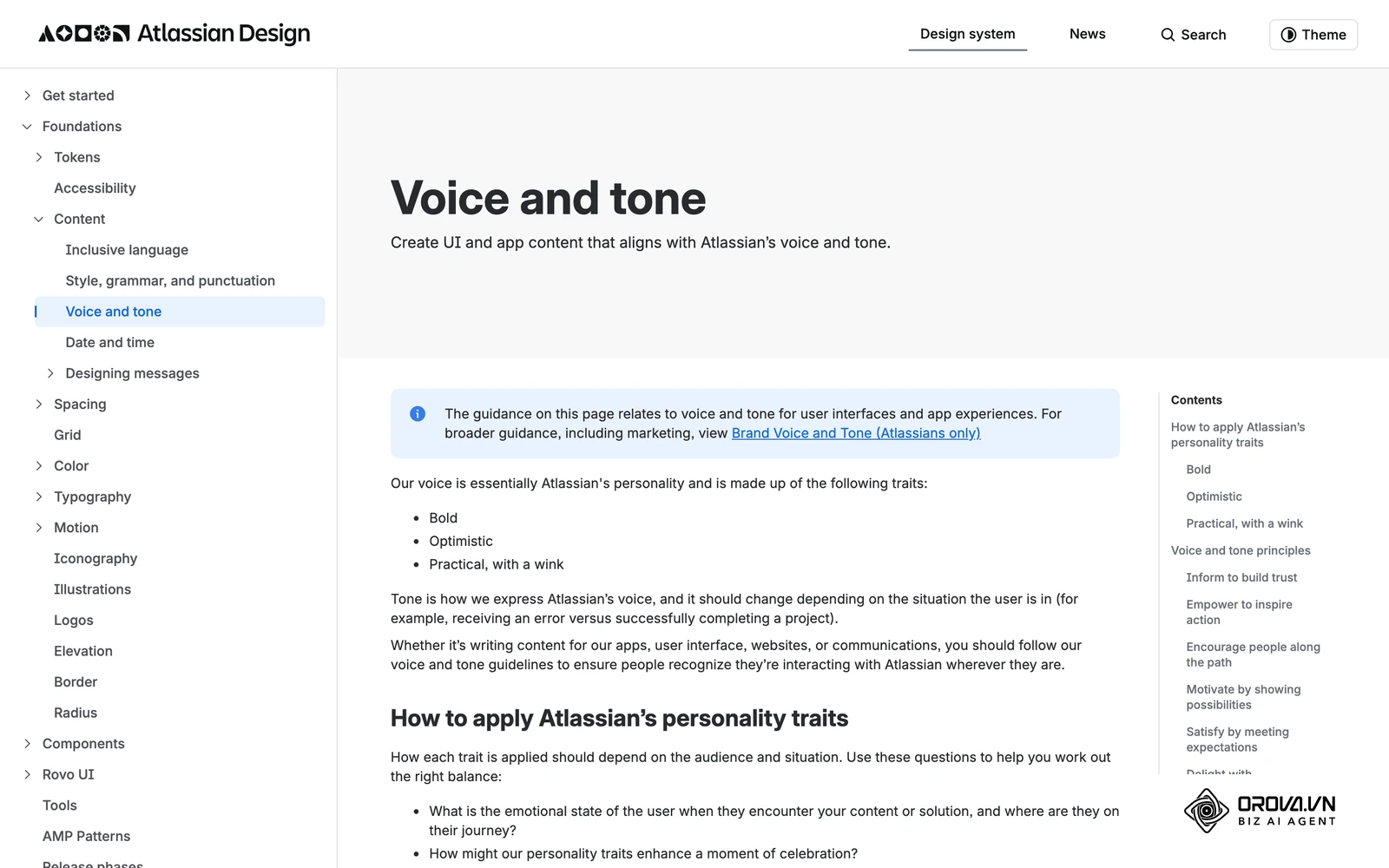 គោលការណ៍ Voice and tone ក្នុងប្រព័ន្ធរចនា Atlassian Design System៖ ឧទាហរណ៍នៃការសង្ខេបសំឡេងម៉ាកយីហោឱ្យក្រុមការងារប្រើបានភ្លាមៗ។