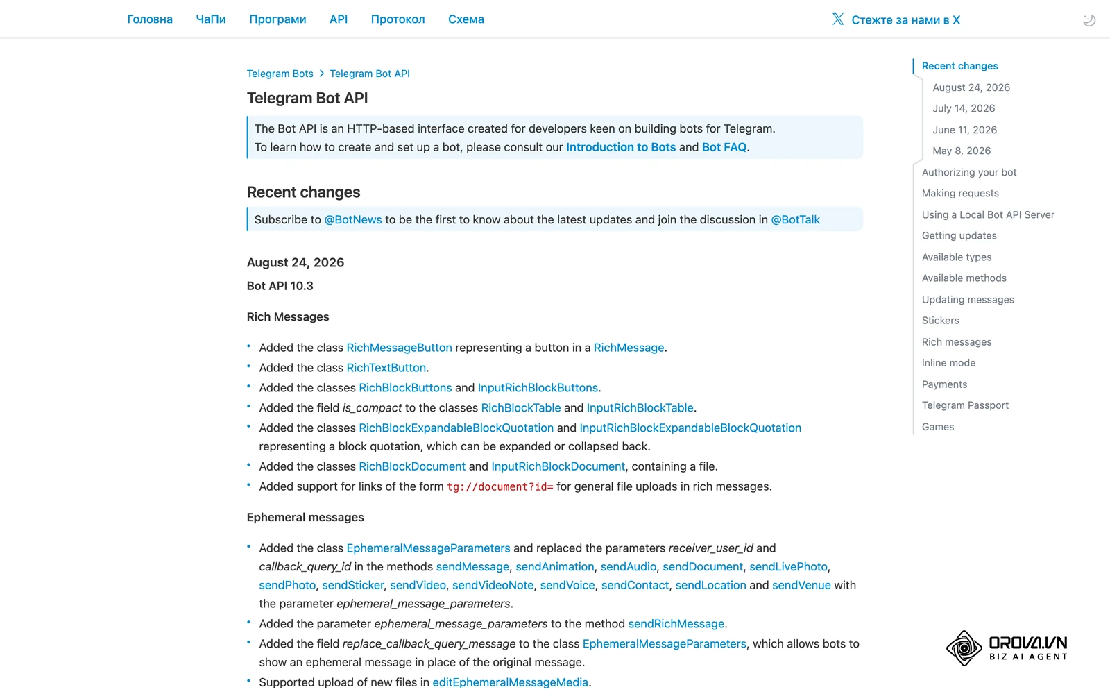 Сторінка документації Telegram Bot API: інтерфейс для ботів, через який сервіси публікують дописи в канали.