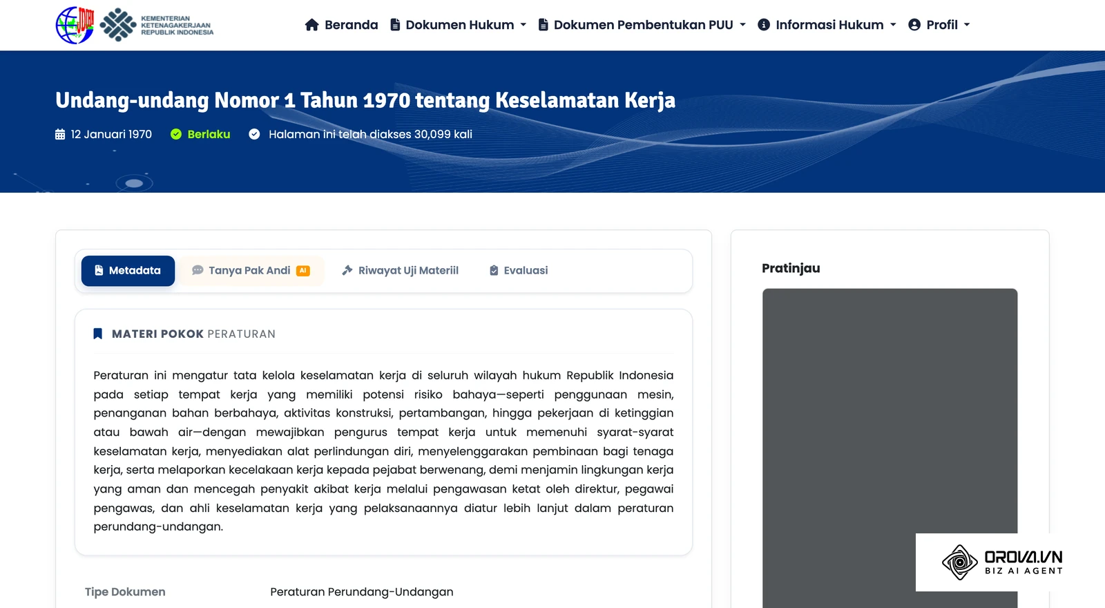 Halaman resmi JDIH Kemnaker untuk Undang-Undang Nomor 1 Tahun 1970 tentang Keselamatan Kerja, dasar kewajiban pengurus menjelaskan bahaya kepada tenaga kerja baru dan membina seluruh tenaga kerja (Pasal 9).