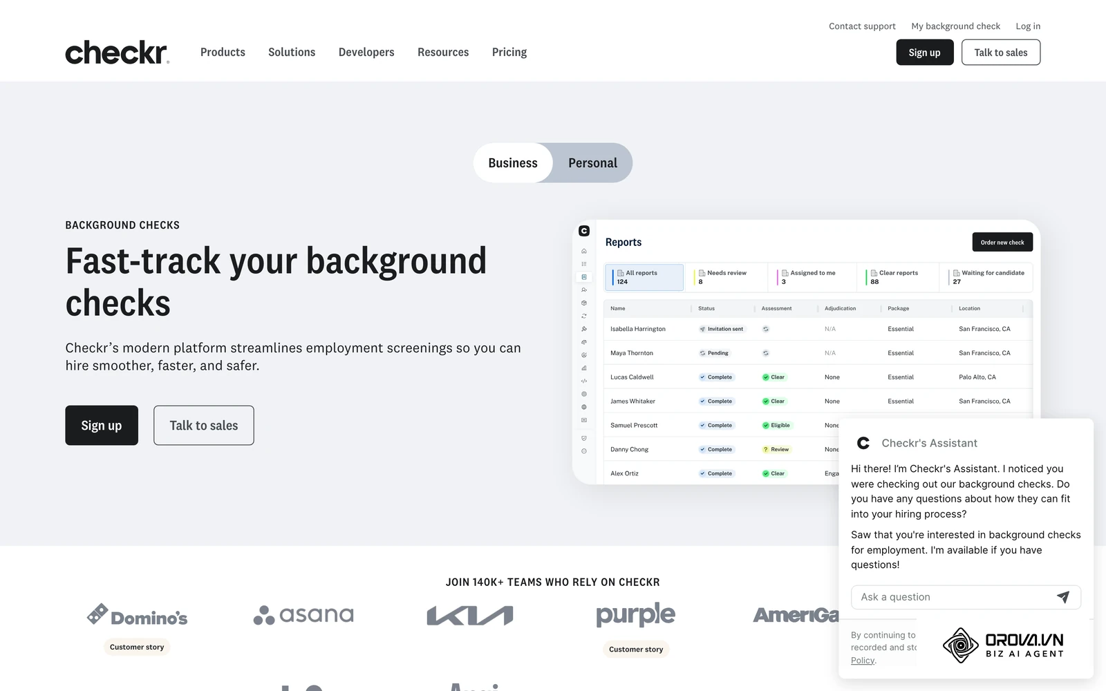 Employer reports view on the Checkr background check page: each candidate row shows report status (pending, complete), assessment, package, and location.