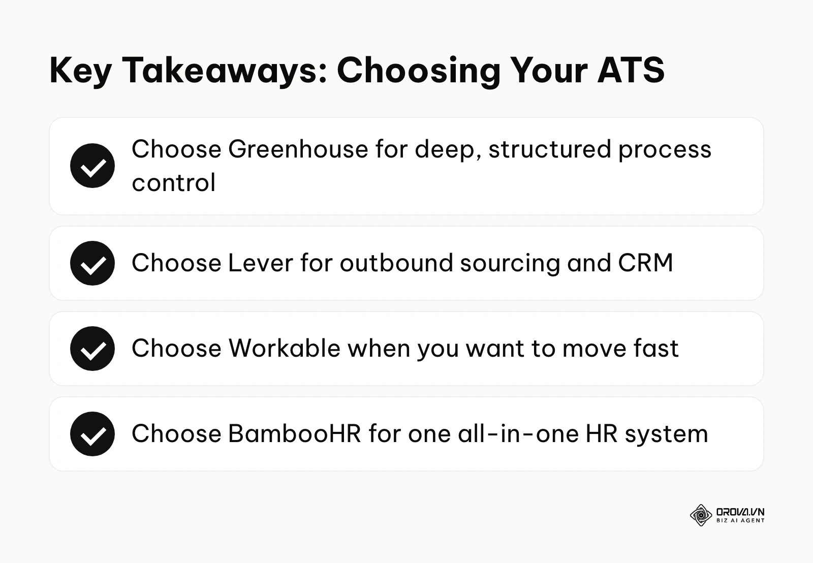 Summary list of when to choose Greenhouse, Lever, Workable, or BambooHR based on organizational needs.