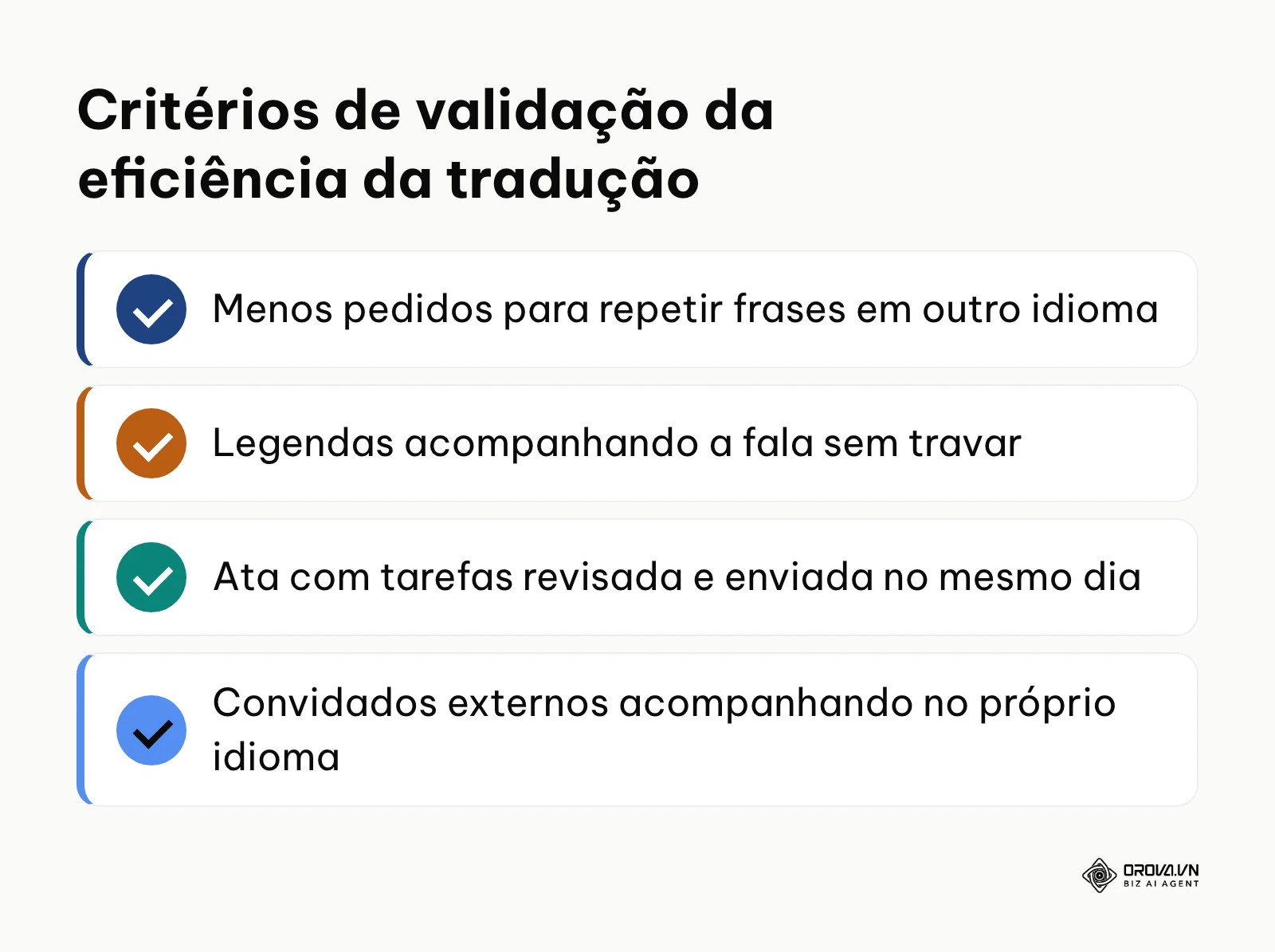 Lista de verificação com quatro indicadores observáveis de sucesso em reuniões traduzidas.