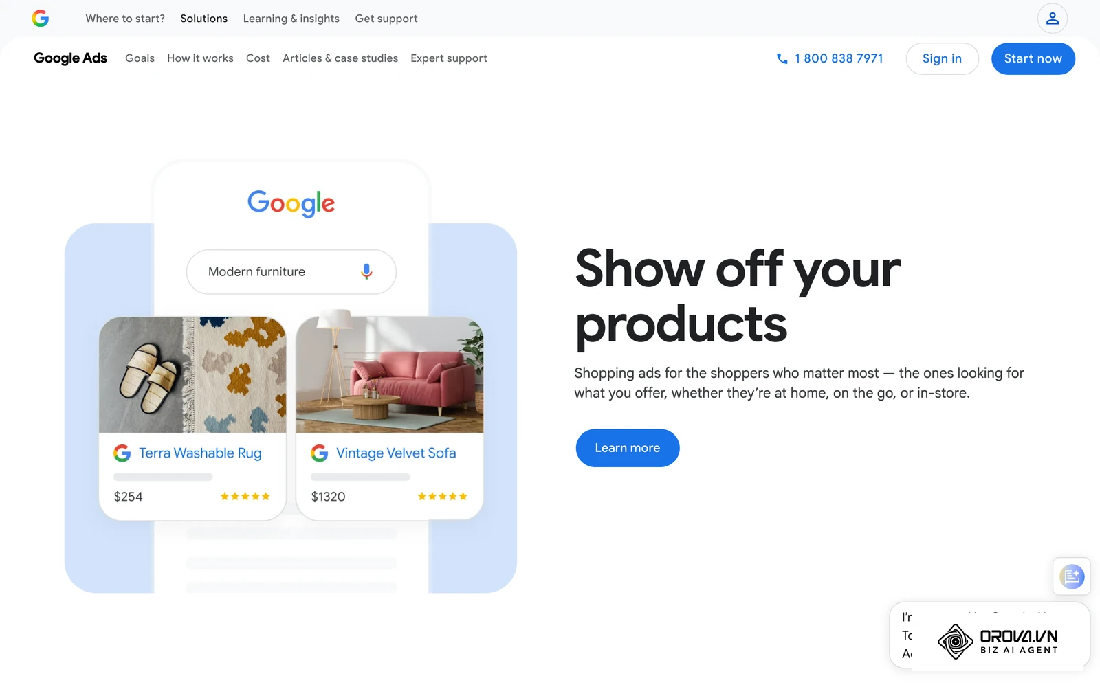 ទំព័រផ្លូវការរបស់ Google បង្ហាញគំរូ Google Shopping Ads ដែលមានរូបភាពផលិតផល តម្លៃ និងឈ្មោះហាង
