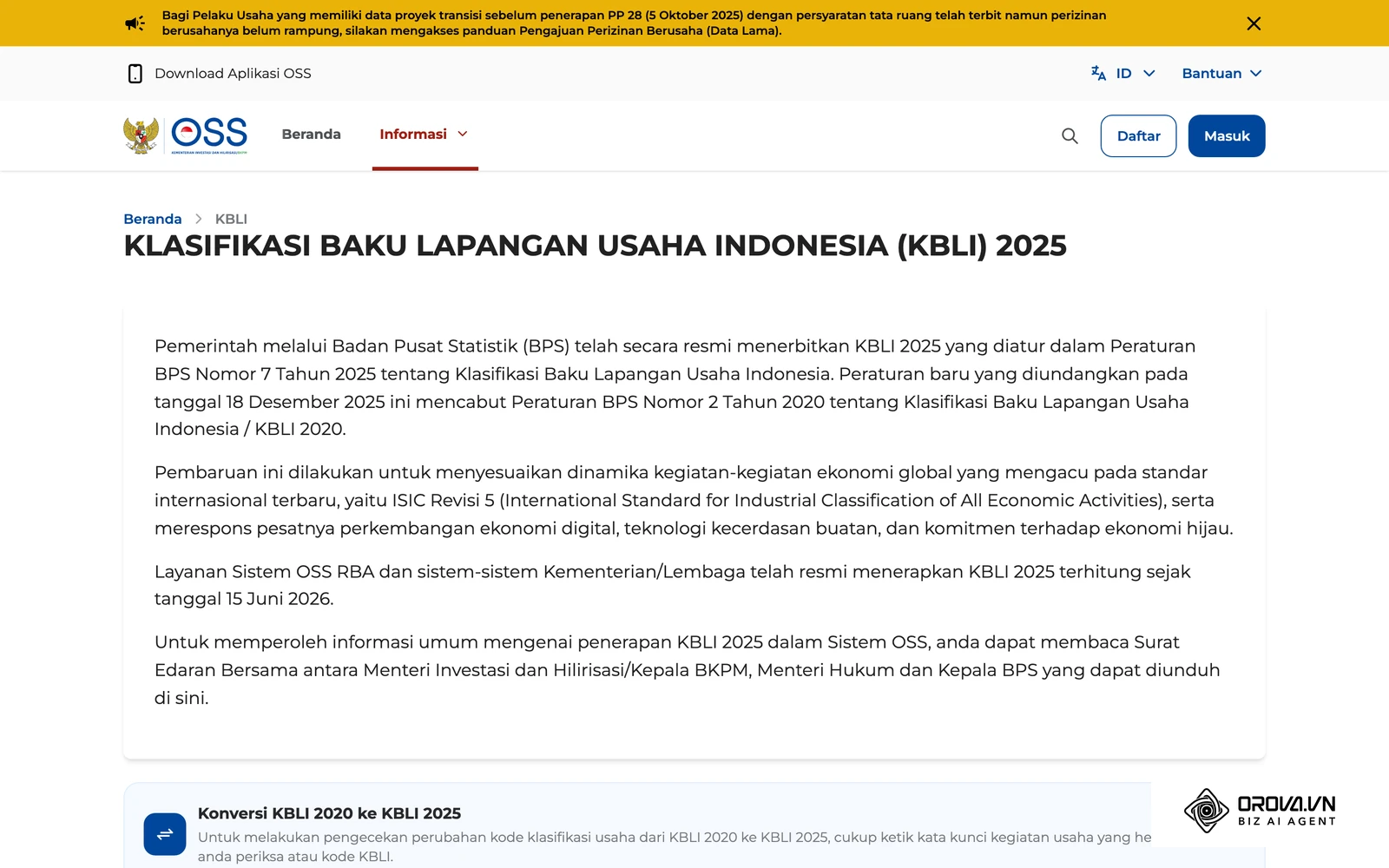 Halaman KBLI 2025 di situs OSS (oss.go.id), rujukan baku bidang usaha yang dipakai badan usaha saat mengurus NIB.