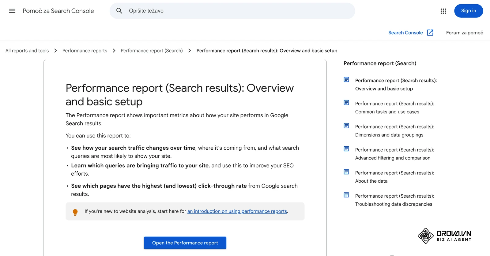 Googlova stran pomoči Performance report (Search results): Overview and basic setup v Pomoči za Search Console