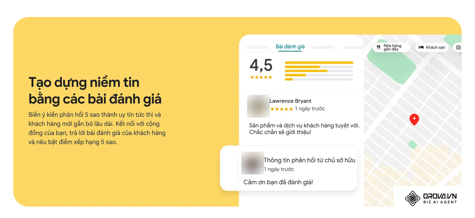 Thẻ Bài đánh giá của Trang doanh nghiệp trên Google cạnh ghim bản đồ, kèm phản hồi của chủ sở hữu (ảnh đại diện đã làm mờ).