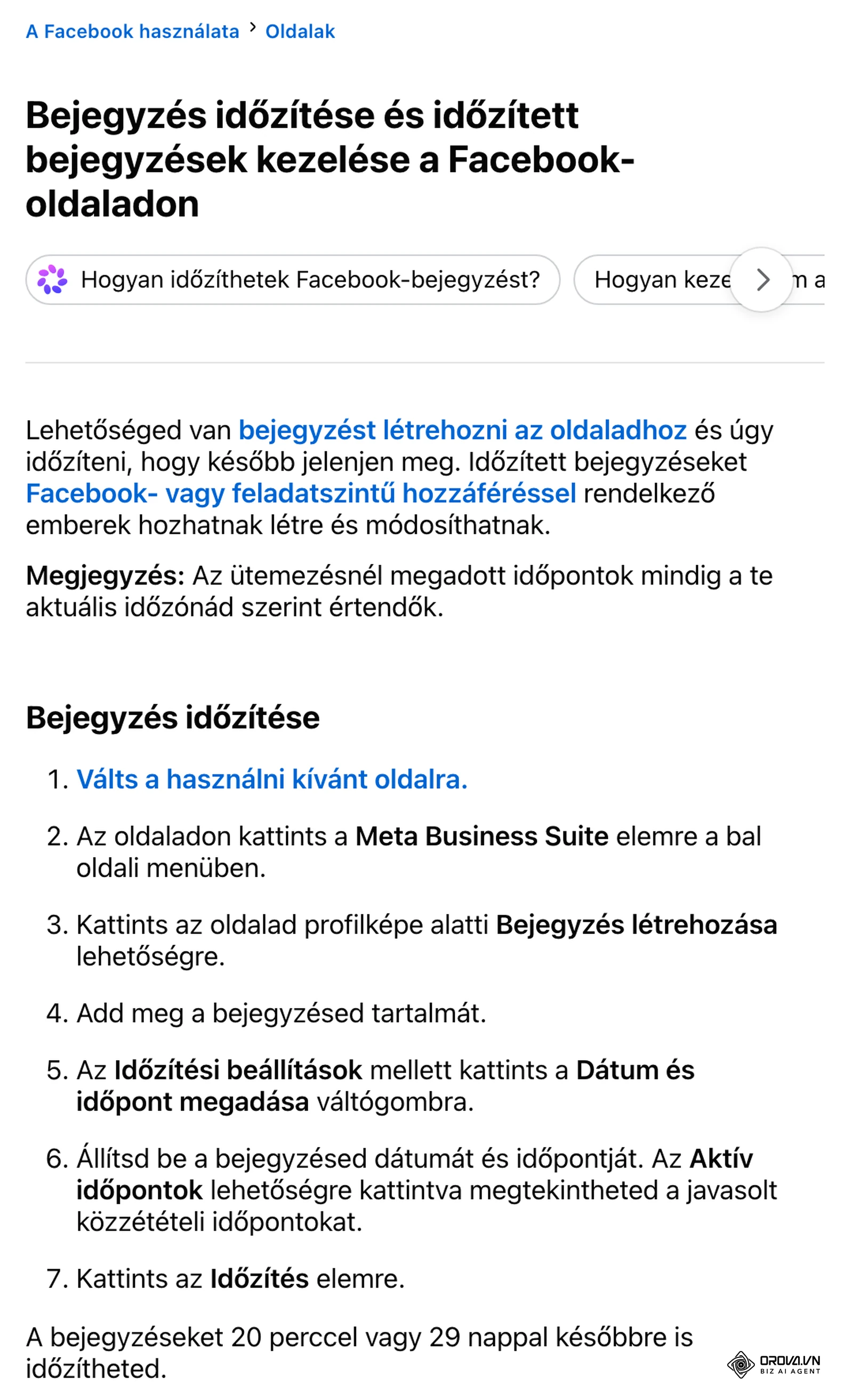 Facebook Súgóközpont magyarul: a bejegyzés időzítésének 7 lépése a Facebook-oldalon, az oldalváltástól az Időzítés gombig, és a 20 perc és 29 nap közötti keret.