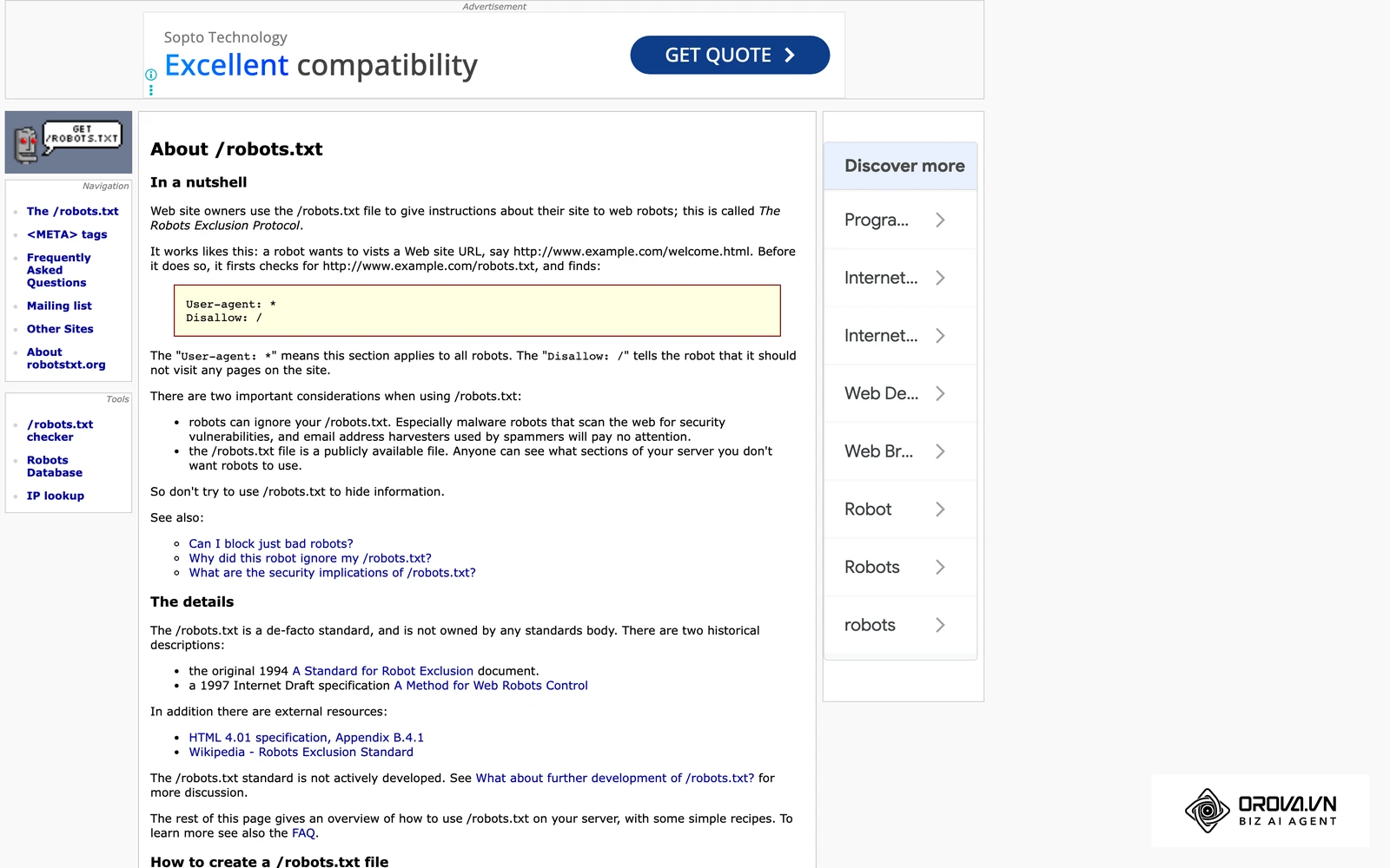 Trang robotstxt.org mô tả cú pháp tệp robots.txt dùng để hướng dẫn trình thu thập.