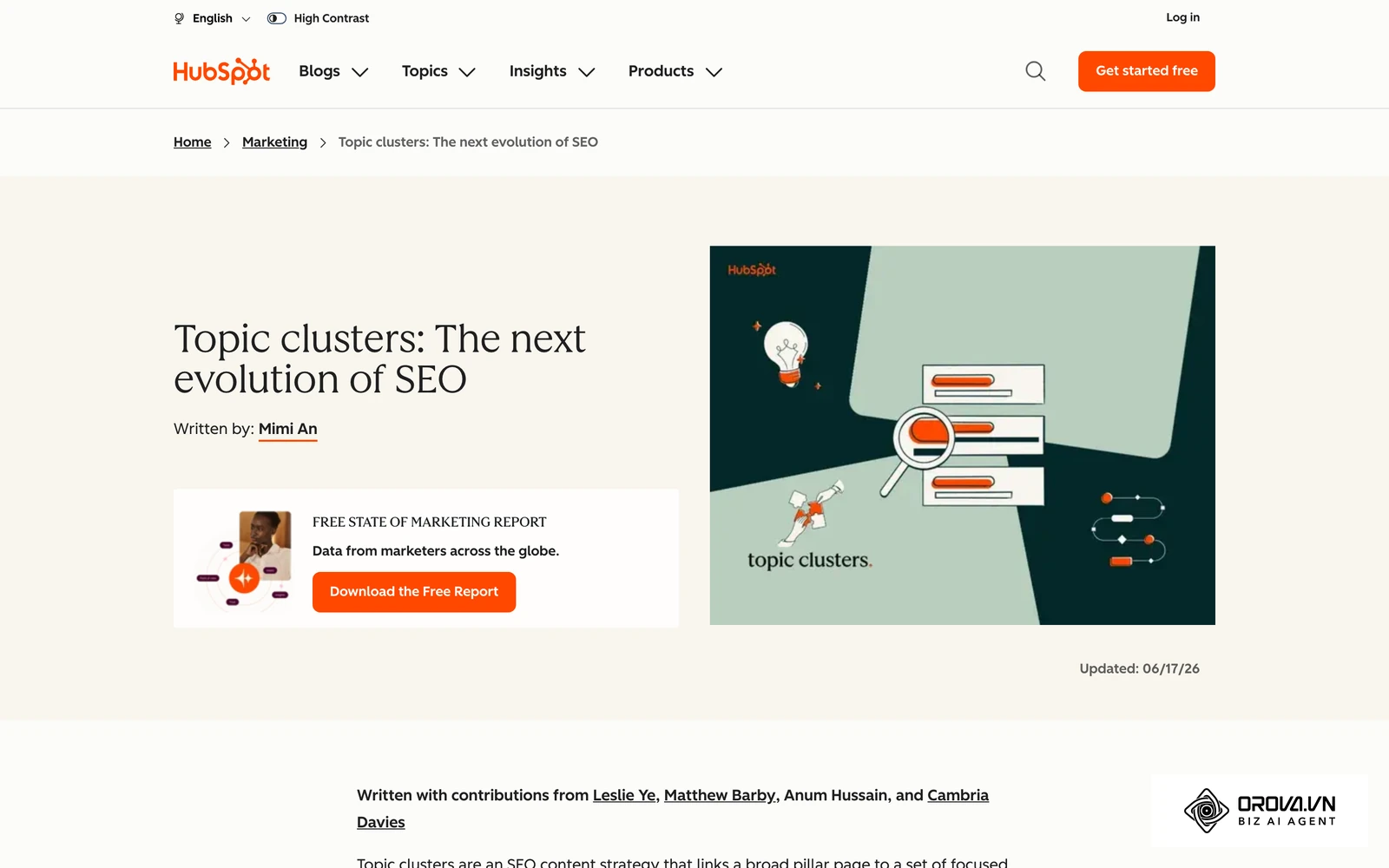 Documentation historique de HubSpot présentant l'émergence du modèle des grappes thématiques et des pages piliers.