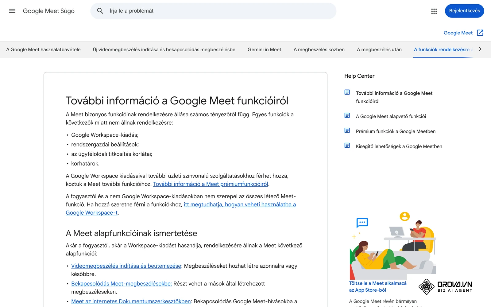 A Google Meet magyar súgója a funkciók elérhetőségéről és a Meet alapfunkcióiról