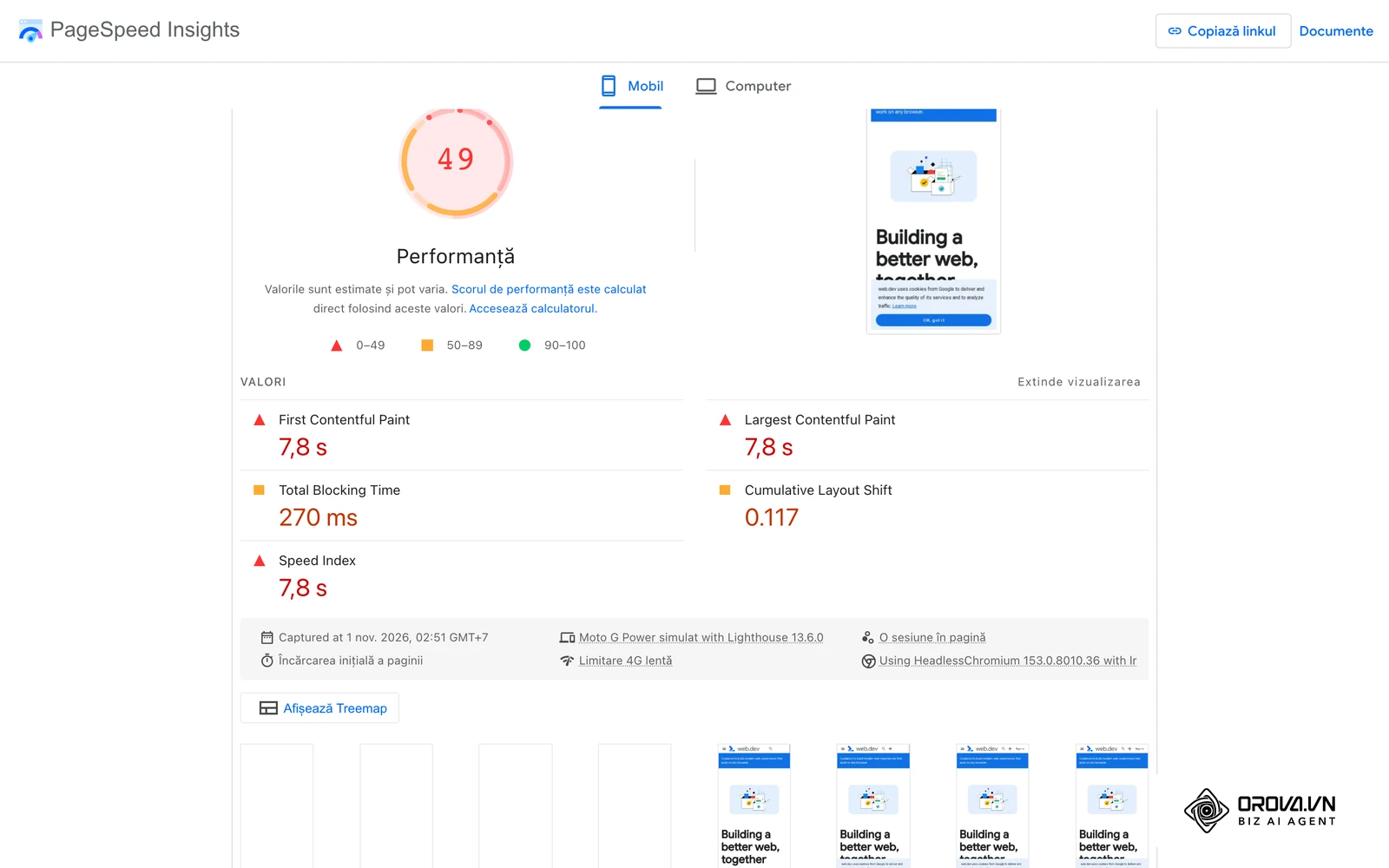 Raport PageSpeed Insights în limba română: scorul Performanță cu legenda 0–49, 50–89, 90–100 și secțiunea VALORI cu First Contentful Paint, Largest Contentful Paint, Total Blocking Time, Cumulative Layout Shift și Speed Index.