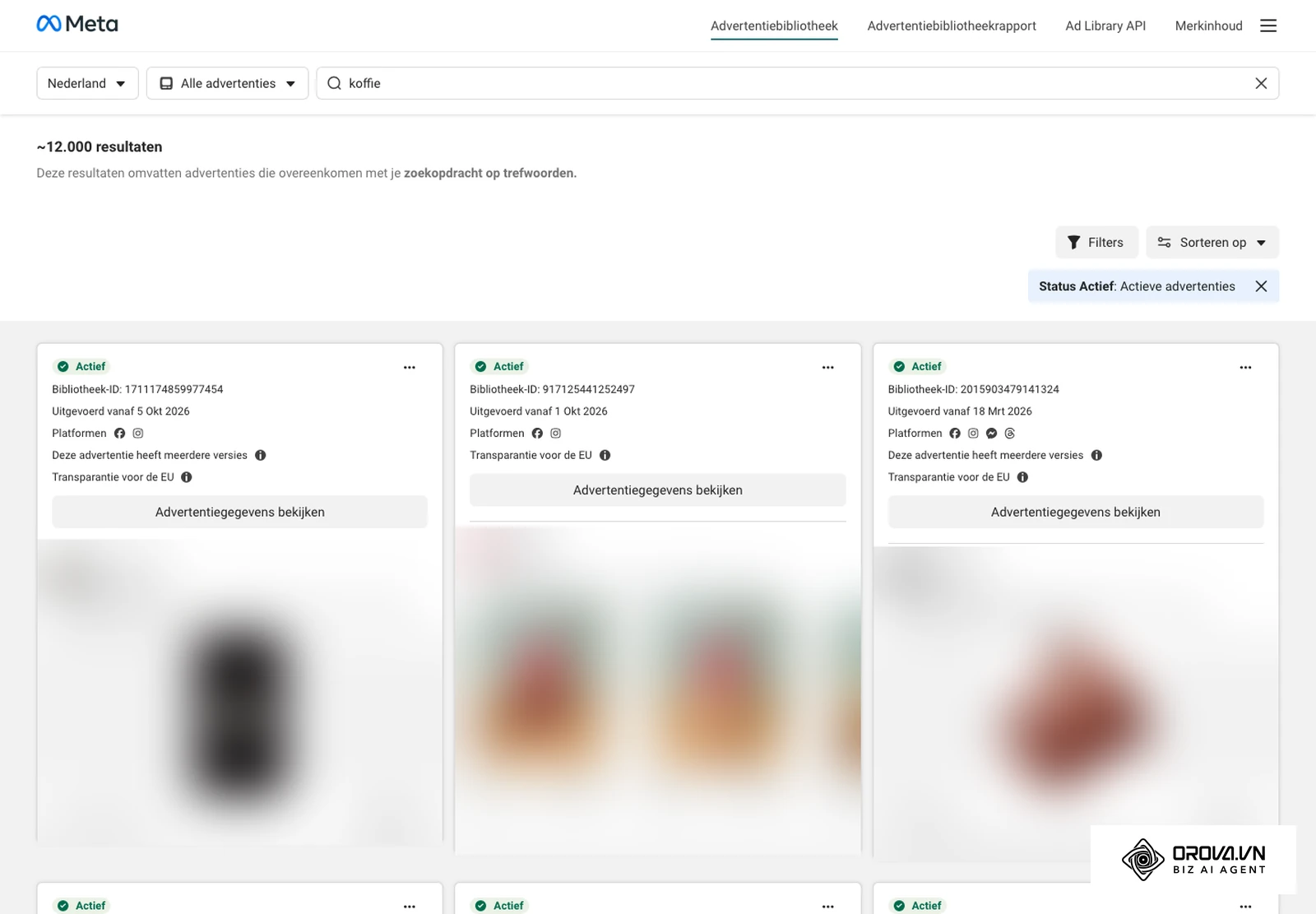 Zoeken met Nederland en Alle advertenties: elke kaart toont Actief, Bibliotheek-ID, Uitgevoerd vanaf, Platformen en Transparantie voor de EU (namen en inhoud van adverteerders vervaagd).