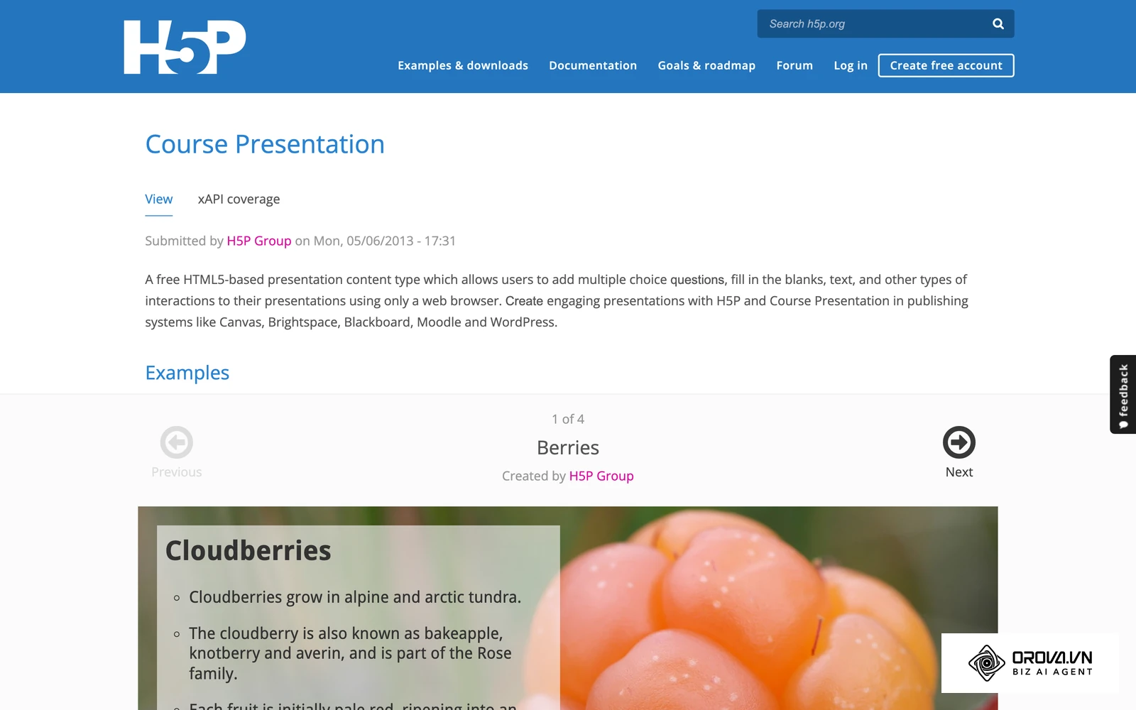 A real H5P Course Presentation example on h5p.org: slides with text and images that can hold quiz questions, exported to Moodle, Canvas or WordPress.