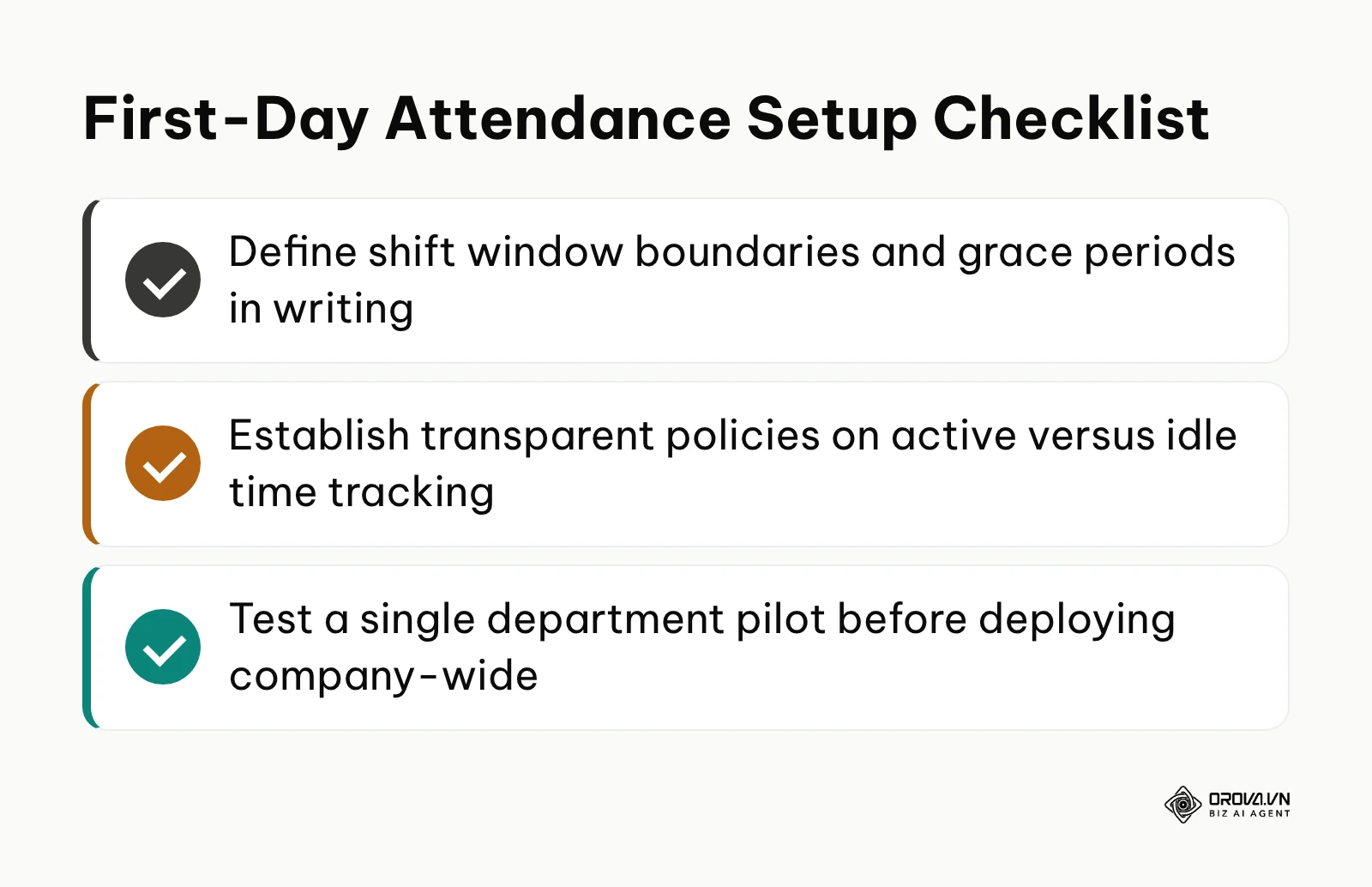 Summary checklist of immediate steps for setting up employee attendance tracking