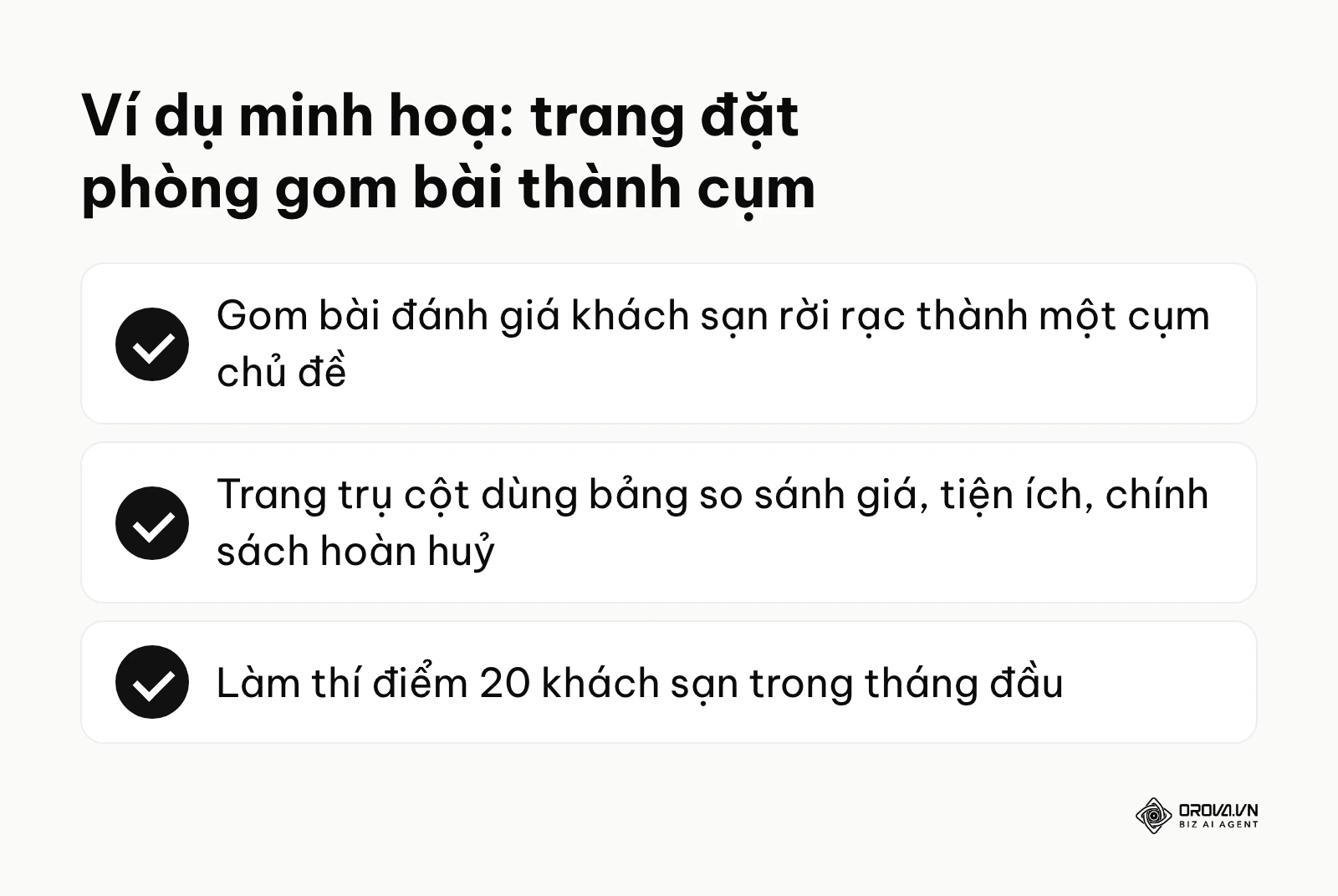Bảng kiểm 3 việc trang đặt phòng làm: gom cụm chủ đề, trang trụ cột dạng bảng, thí điểm 20 khách sạn.
