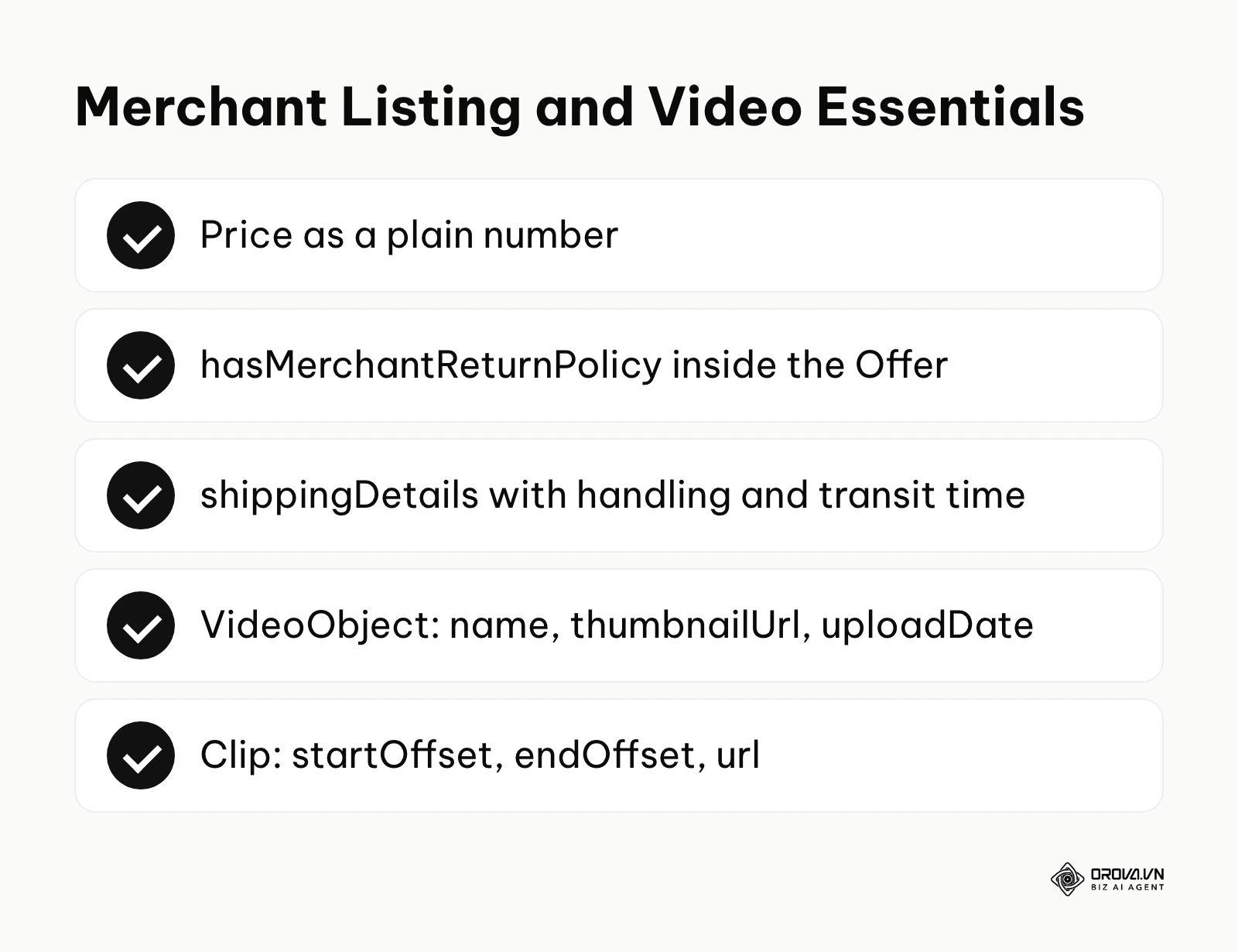 Checklist of key properties for merchant listing and VideoObject markup.