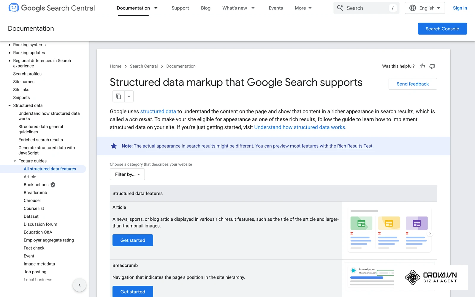 Search Gallery ຂອງ Google Search Central ສະແດງຮູບແບບ Rich results ທີ່ເກີດຈາກ Structured Data ເຊິ່ງເປັນພື້ນຖານຂອງ AEO.