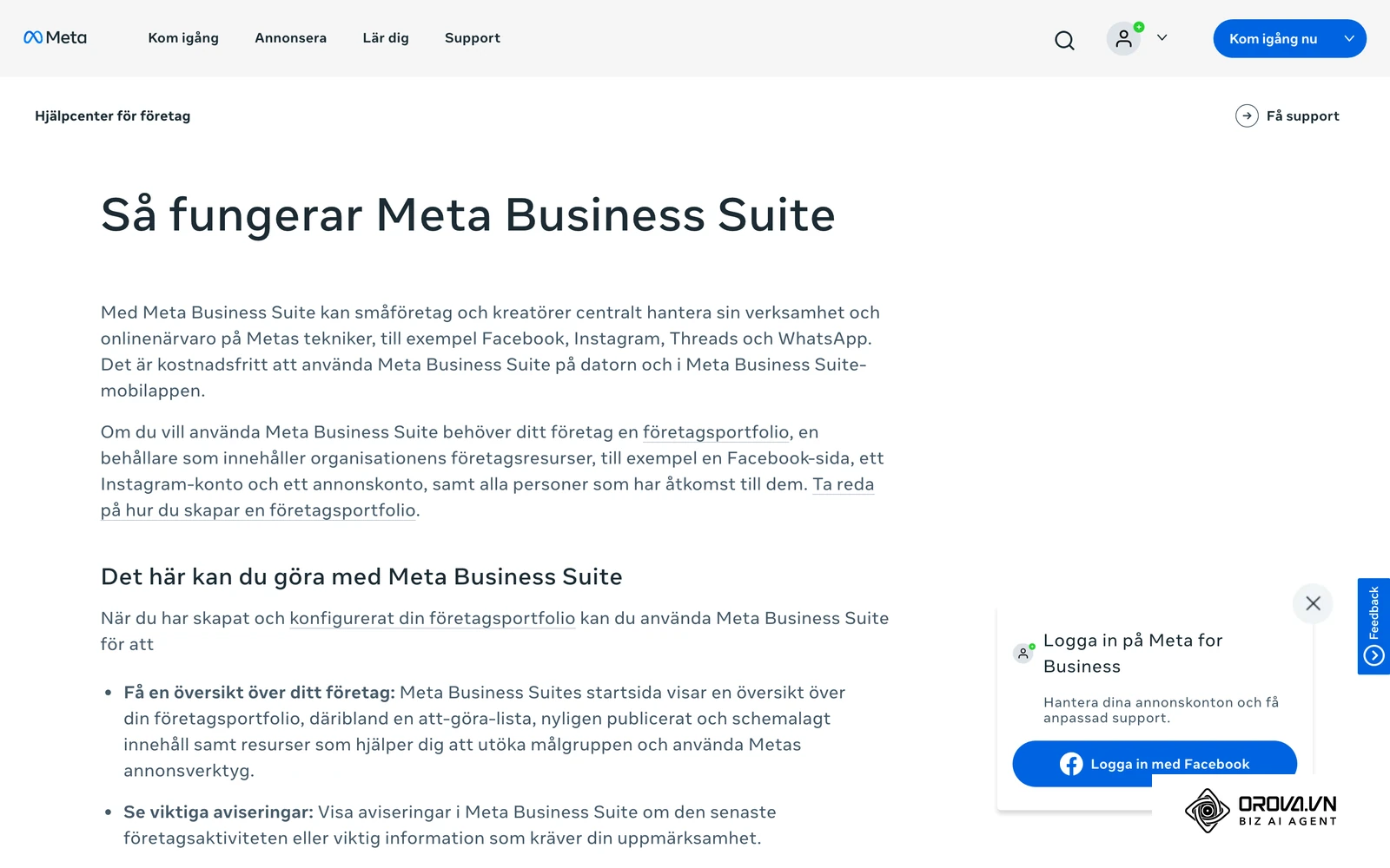 Metas hjälpcenter för företag förklarar hur Meta Business Suite fungerar för att hantera Facebook-sidor och Instagramkonton på ett ställe.