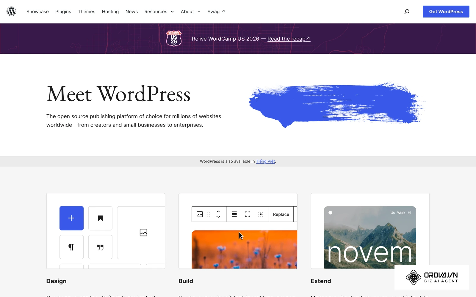 Trang chủ WordPress, nền tảng mã nguồn mở có thể dùng cùng trình dựng trang để làm trang đích.