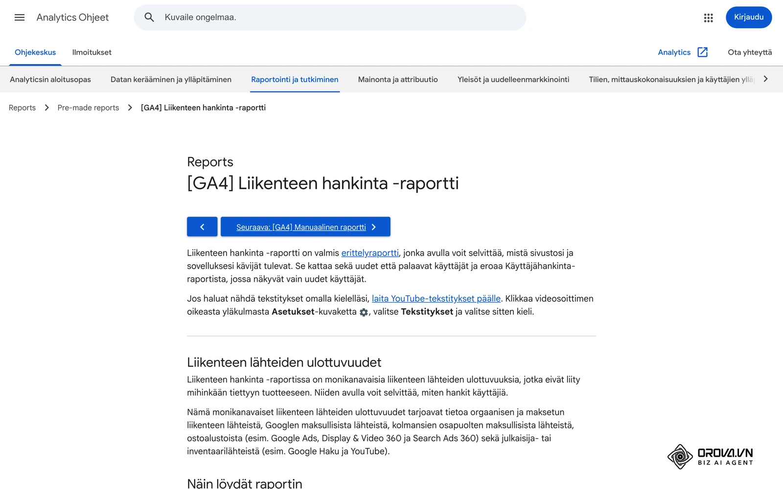 Google Analyticsin ohje GA4:n Liikenteen hankinta (Traffic acquisition) -raportista, jossa kampanjaliikenne näkyy lähteen ja välineen mukaan.