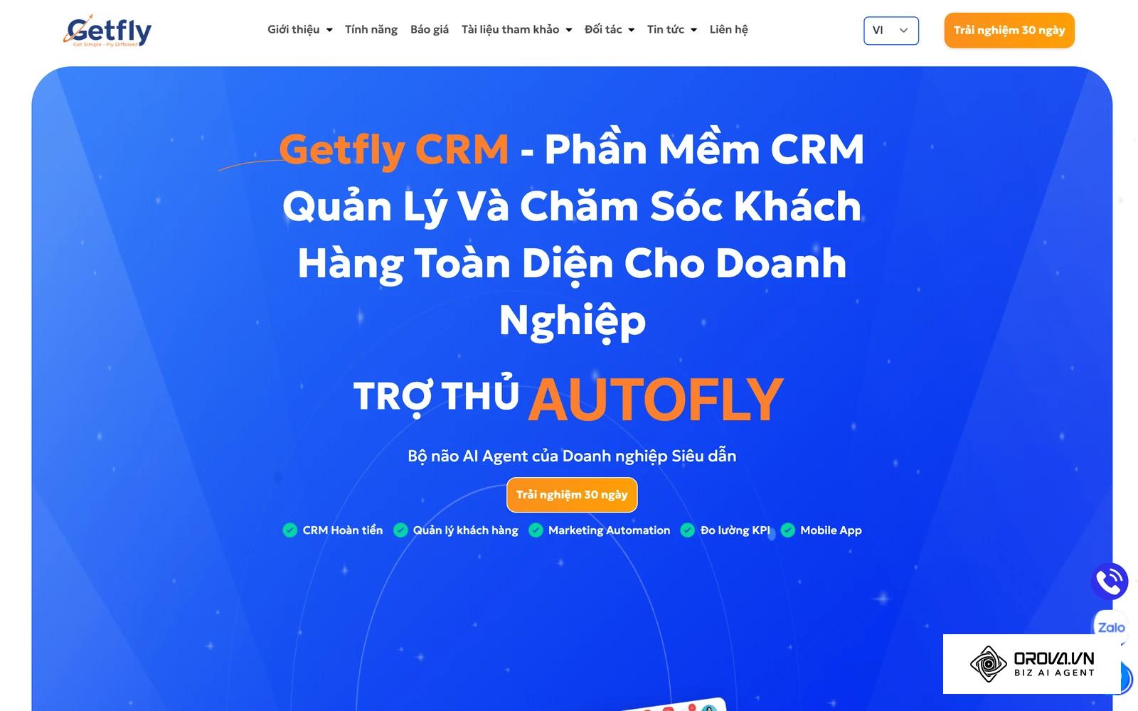 Trang chủ Getfly CRM, giới thiệu các phân hệ chăm sóc khách hàng và tiếp thị.