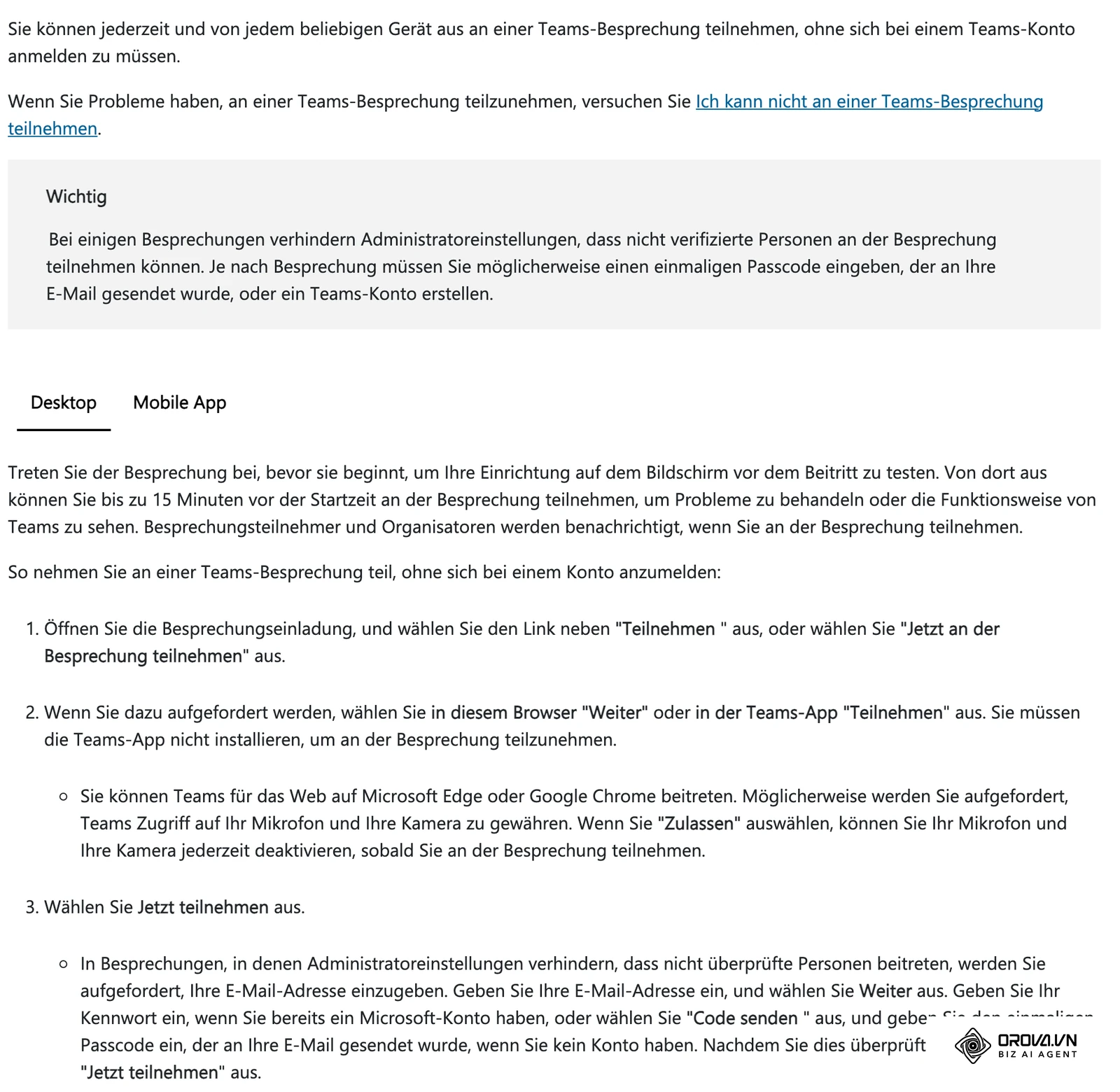 Ausschnitt der Microsoft-Support-Seite: So nehmen Gäste ohne Teams-Konto im Browser an einer Teams-Besprechung teil.