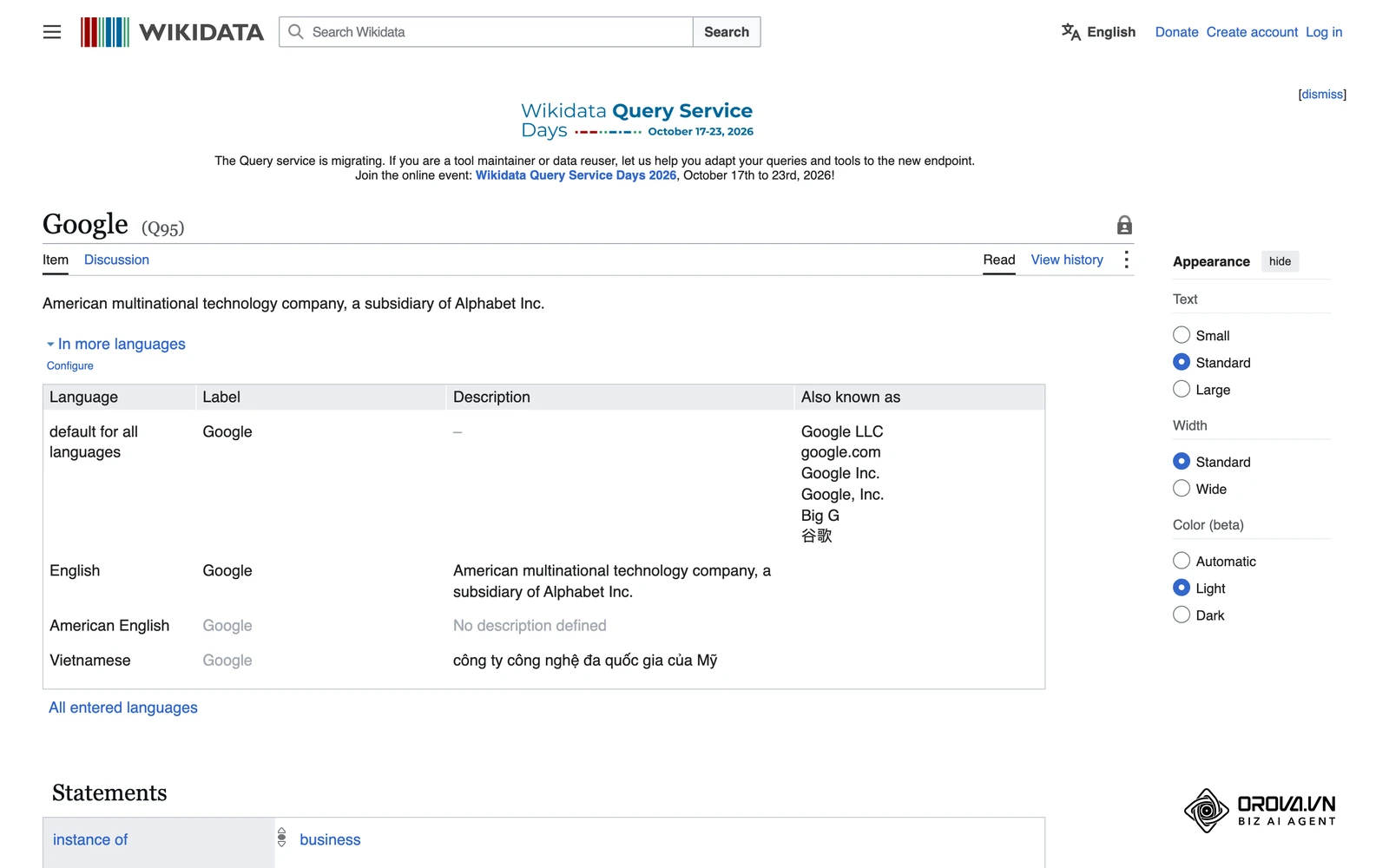Wikidata item for Google (Q95), showing the labels, aliases and descriptions that help search engines resolve a brand as one entity.