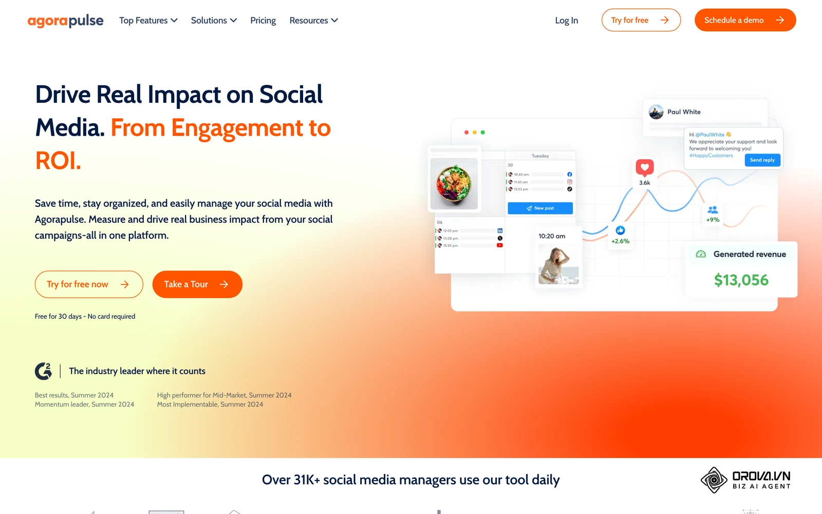 Agorapulse homepage, a social media management platform focused on reporting and ROI.