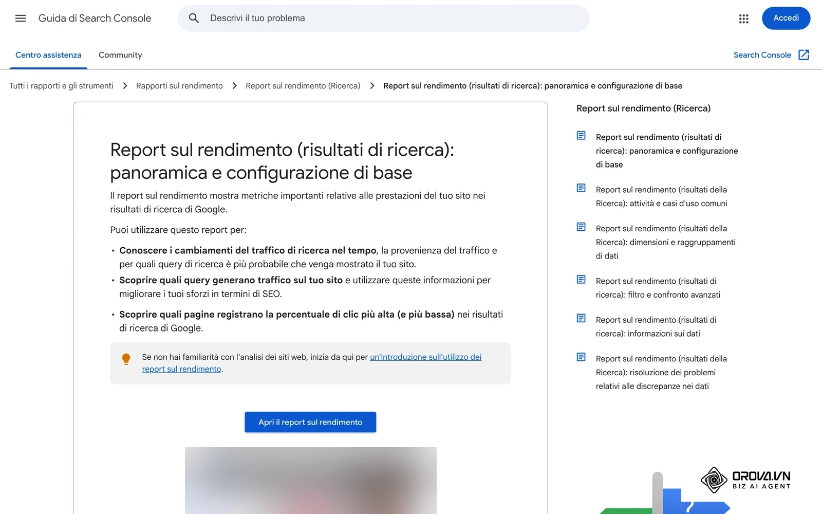 Pagina ufficiale di assistenza Google in italiano sul rapporto Rendimento di Search Console (clic, impressioni, CTR, posizione).