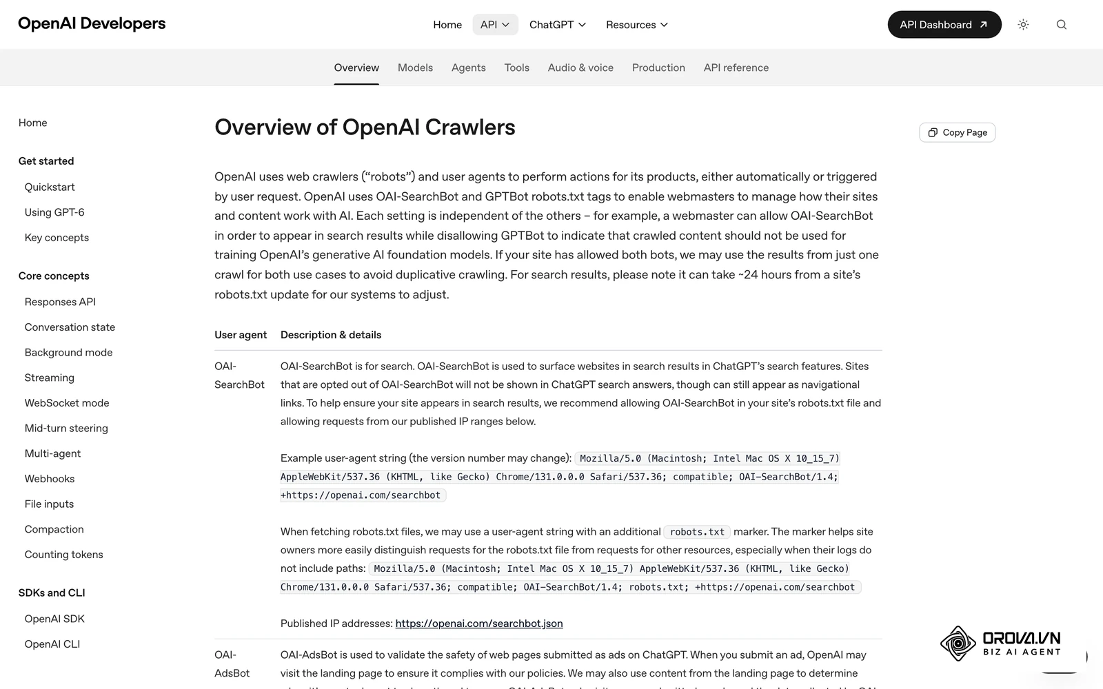 Trang OpenAI mô tả các bot của họ, gồm GPTBot và bot phục vụ tìm kiếm.