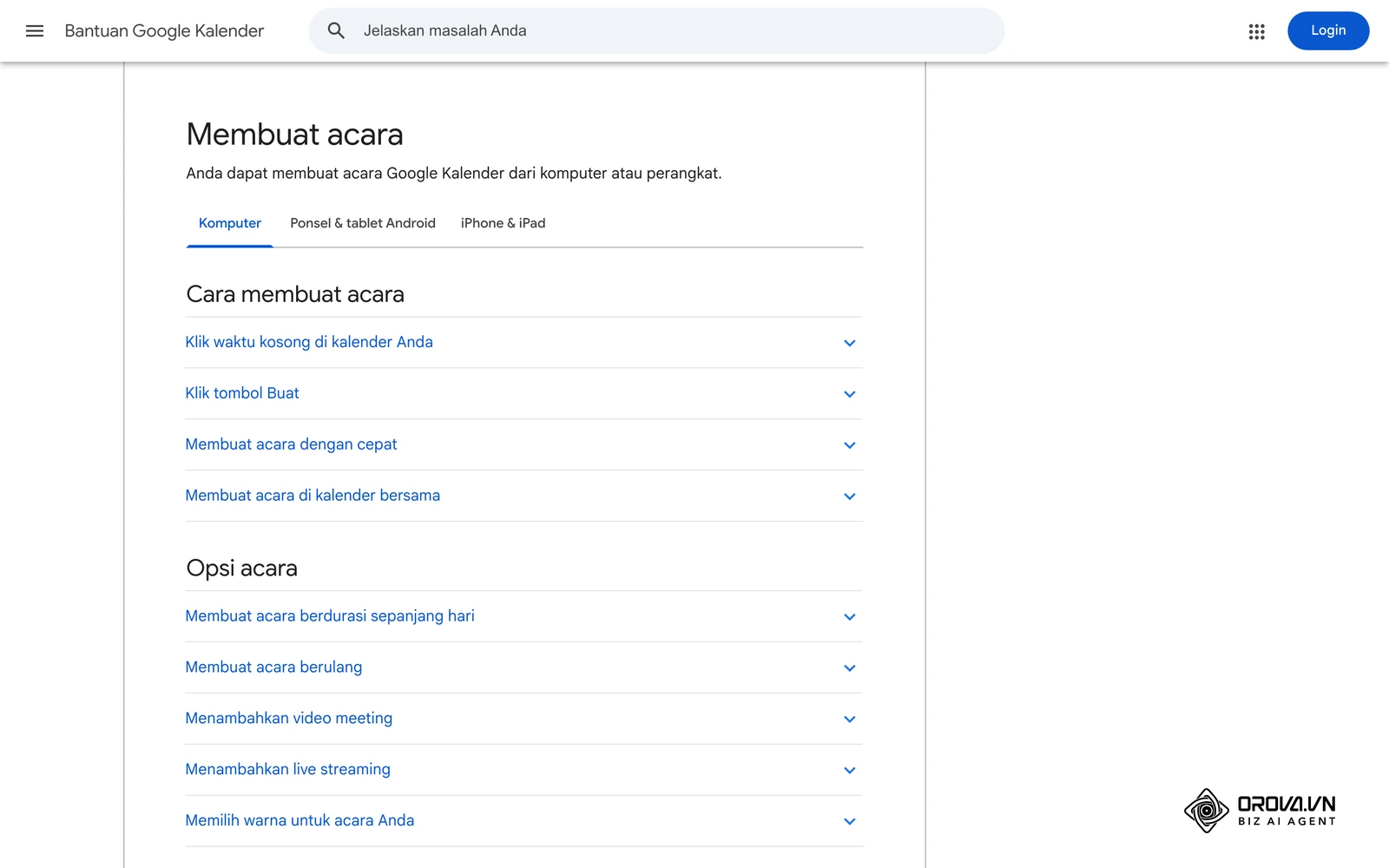Halaman bantuan resmi Google Kalender (bahasa Indonesia) tentang membuat acara, tempat judul, waktu, dan deskripsi agenda rapat diisi.