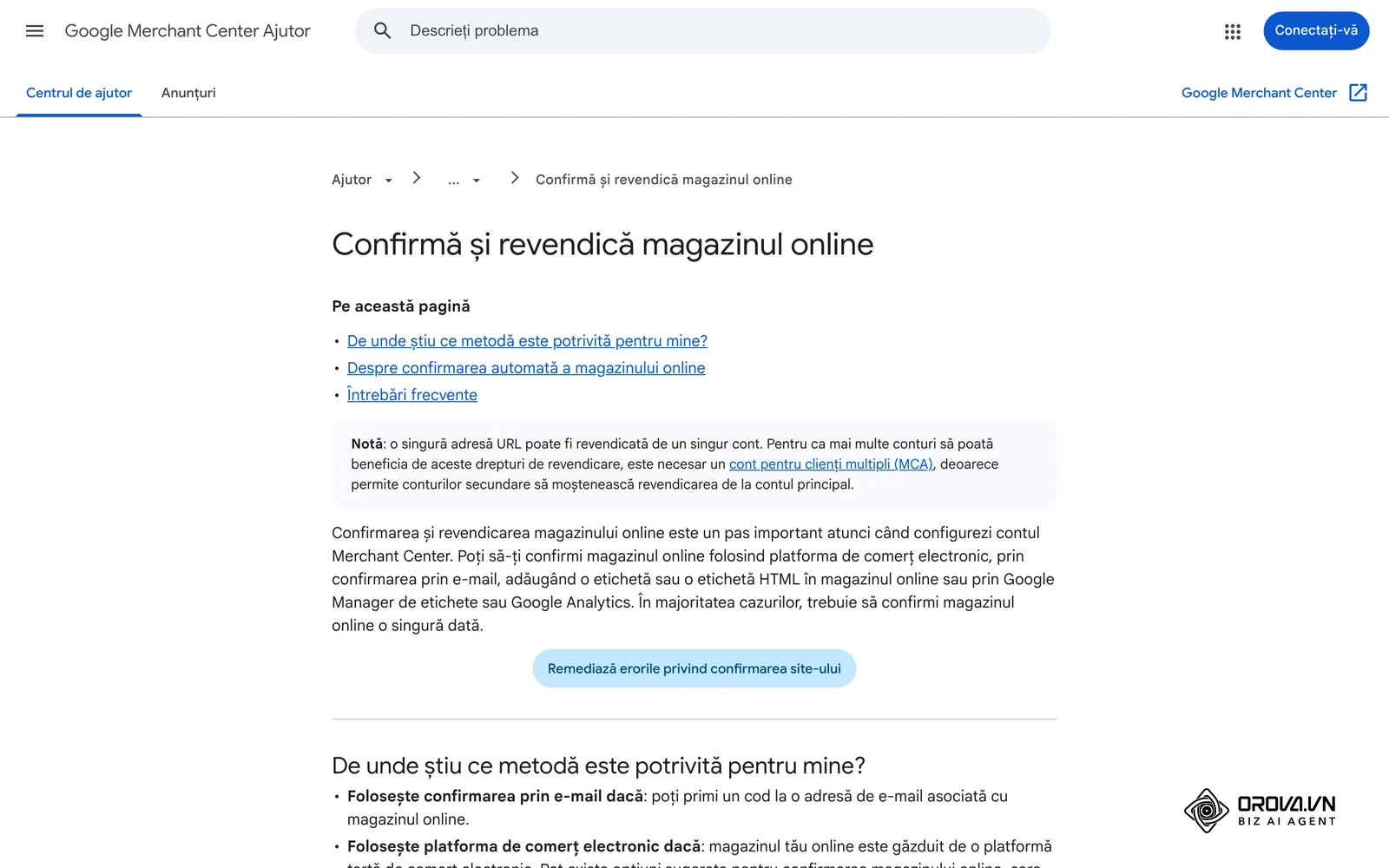 Ajutorul Merchant Center: confirmarea și revendicarea magazinului online, cu metodele de confirmare disponibile.