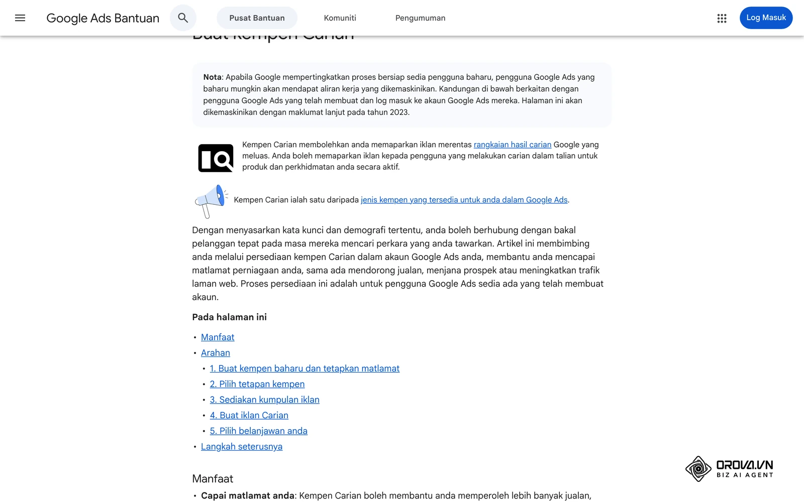 Halaman bantuan rasmi Google Ads (Bahasa Melayu): langkah membuat kempen Carian.