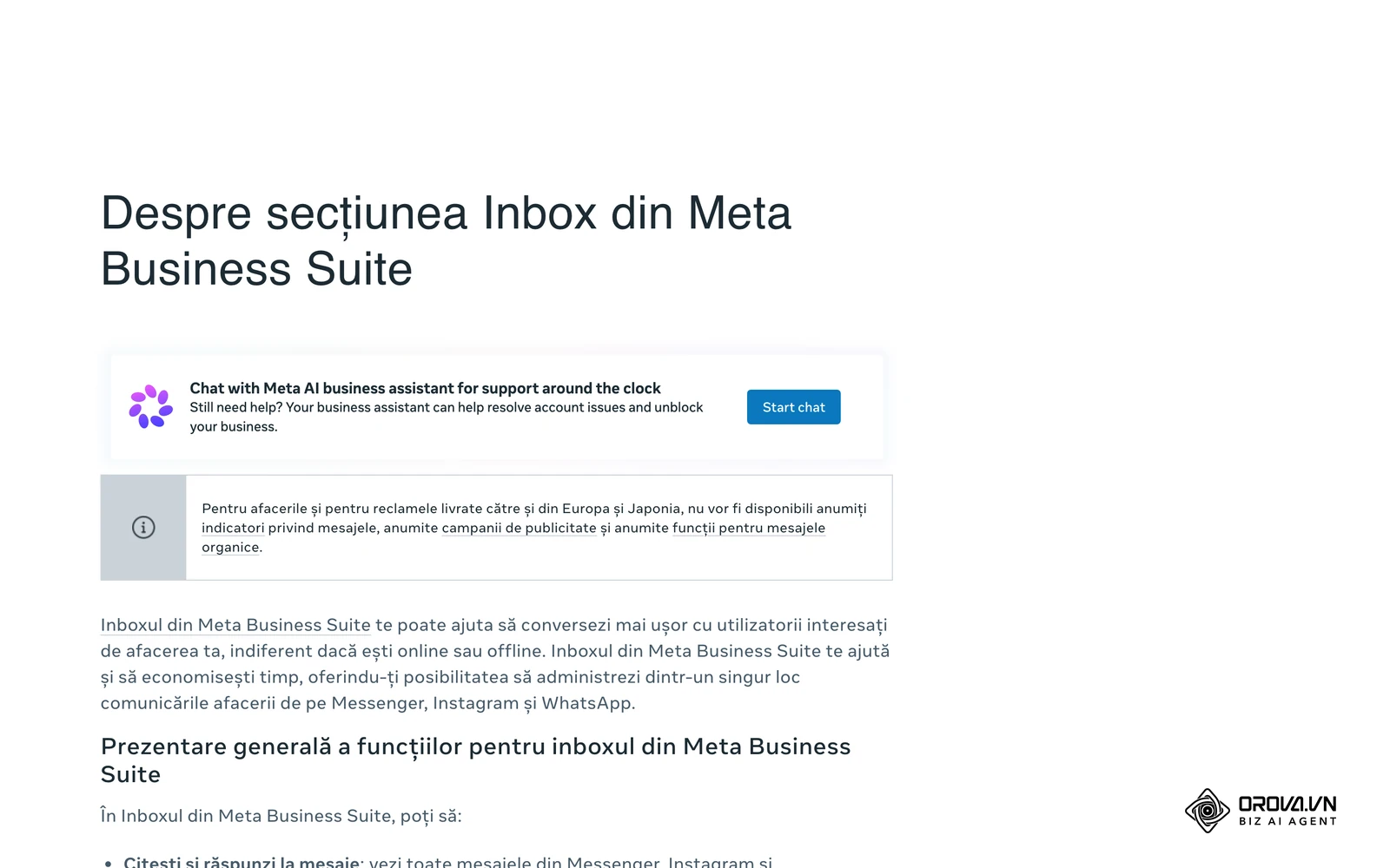 Centrul de ajutor Meta pentru afaceri (în română): prezentarea funcțiilor din Inboxul Meta Business Suite.
