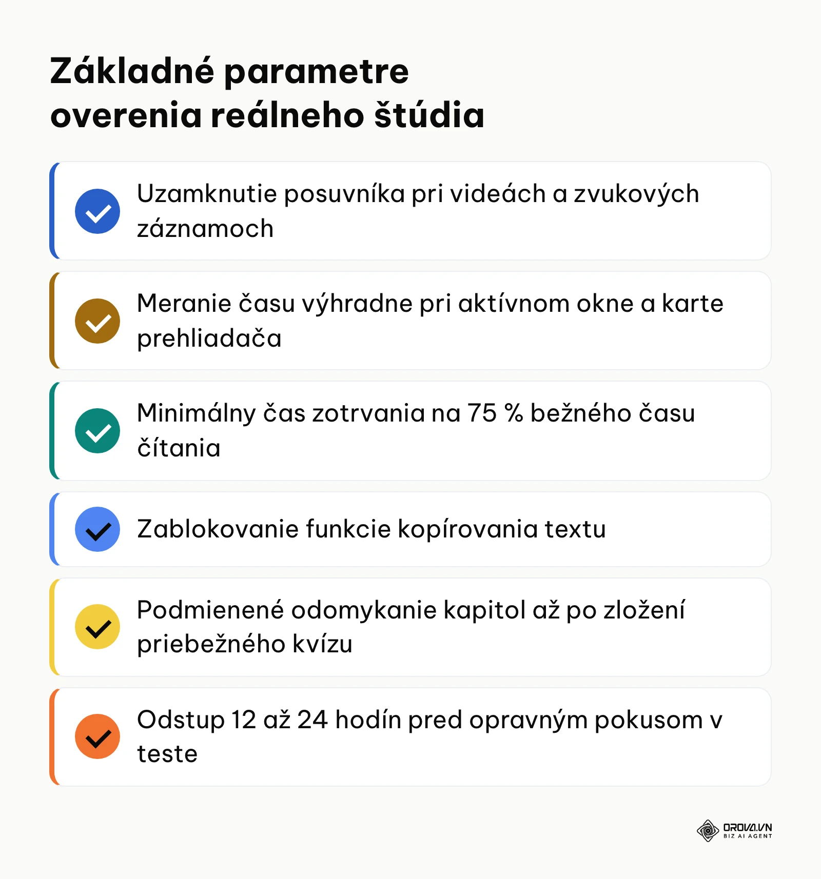 Zoznam šiestich technických pravidiel zabraňujúcich formálnemu preklikaniu e-learningového kurzu.