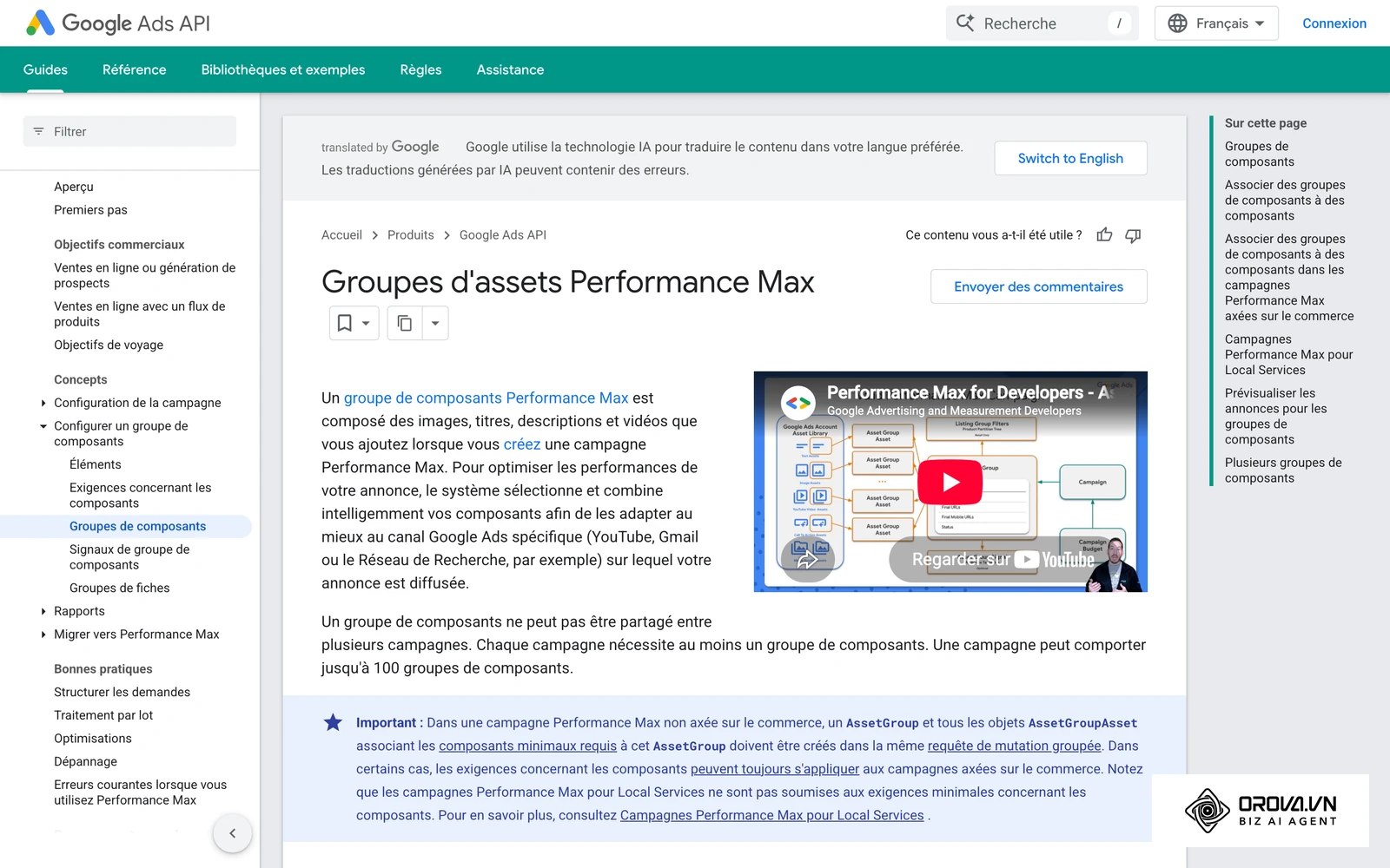 Documentation Google Ads sur les groupes d'éléments de Performance Max.
