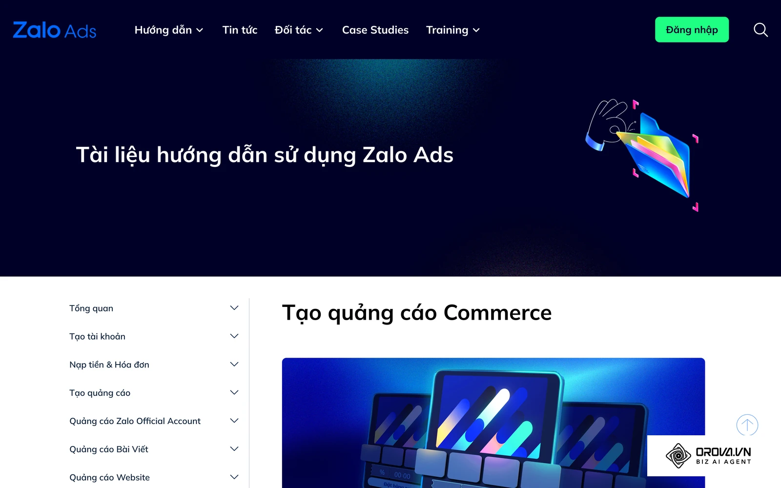 Trang Tài liệu hướng dẫn sử dụng Zalo Ads (ads.zalo.me): danh mục Tạo tài khoản, Nạp tiền, Tạo quảng cáo theo từng hình thức.