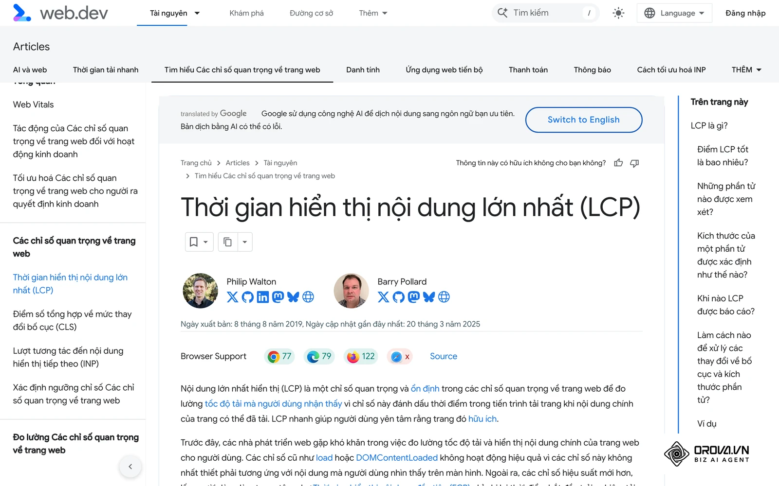 Tài liệu web.dev về chỉ số LCP, mốc tham chiếu khi cải thiện tốc độ trang đích.