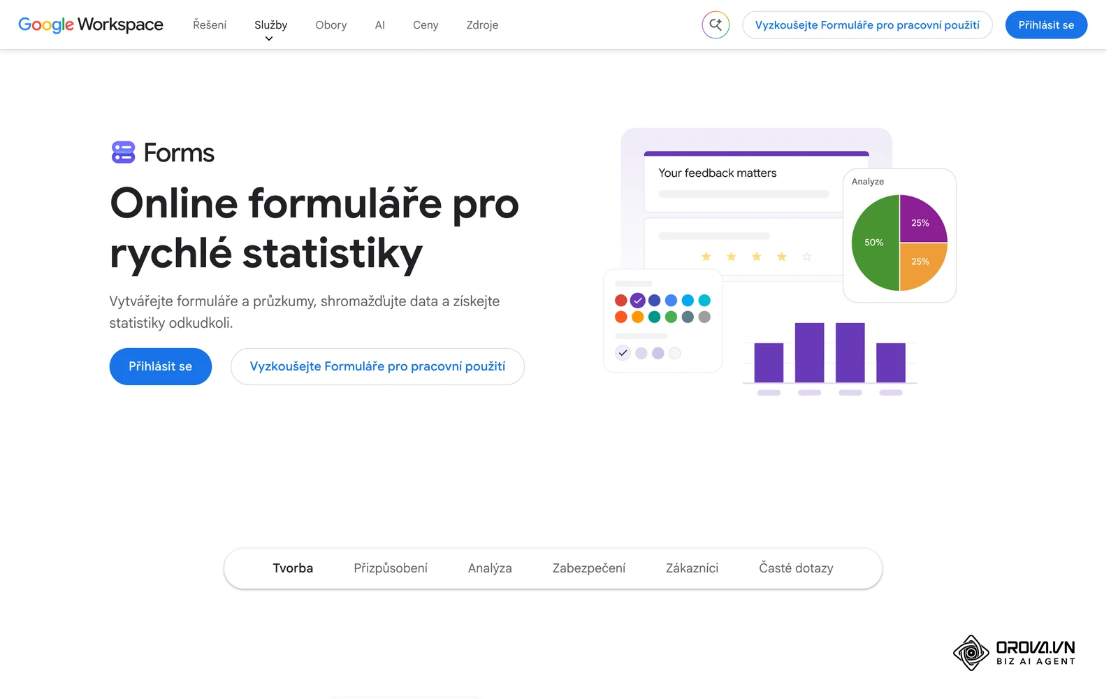 Oficiální stránka Google Forms s ukázkou rozhraní pro tvorbu formulářů a kvízů s automatickým vyhodnocením.
