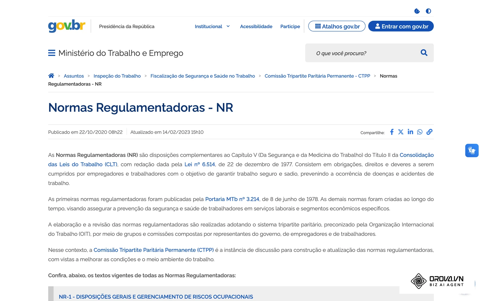 Página oficial do Ministério do Trabalho e Emprego (gov.br) com a lista das Normas Regulamentadoras vigentes, começando pela NR-1.