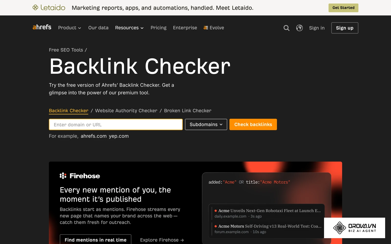 Ahrefs free Backlink Checker page, showing the kind of referring domains report used to review an off-page profile.